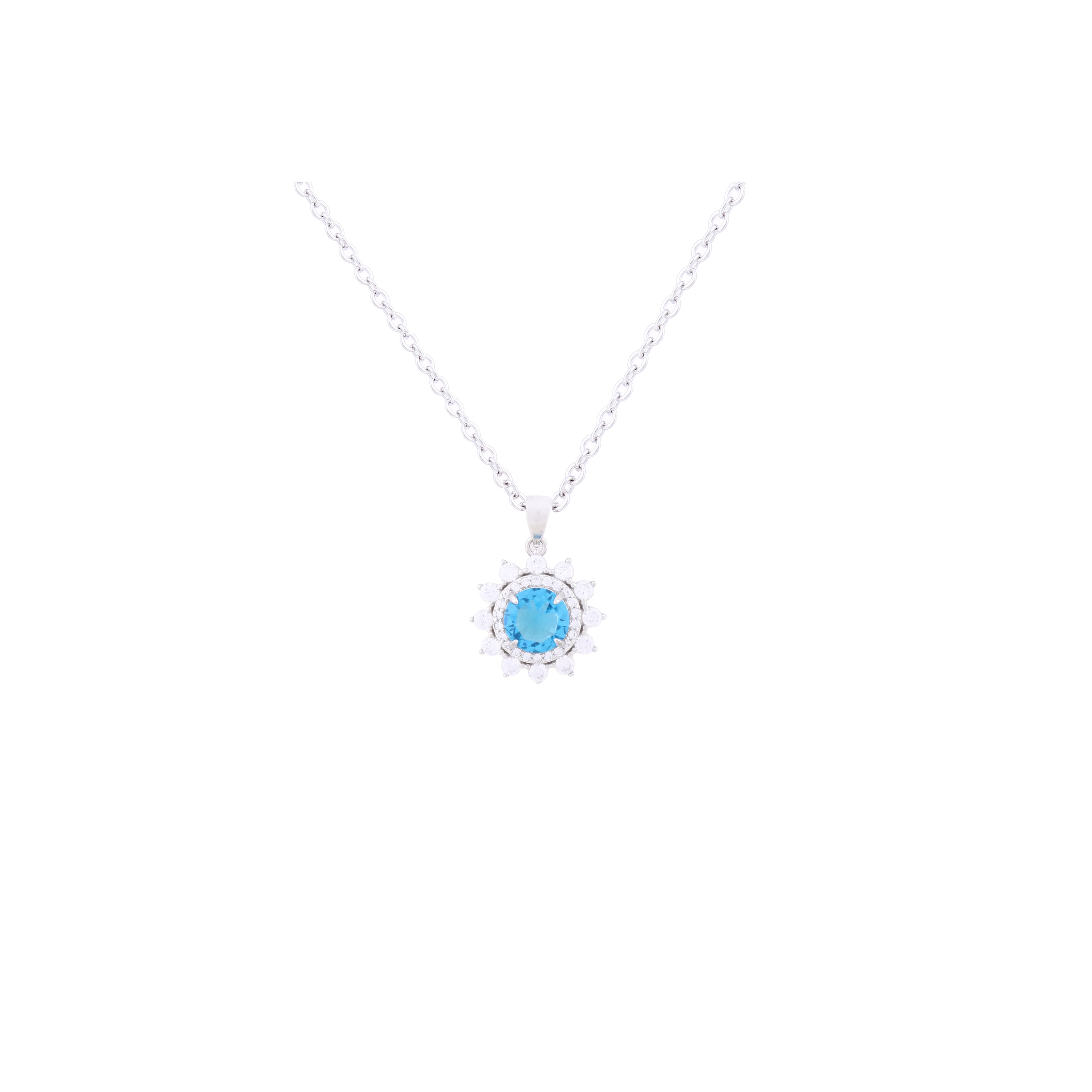 Asfour Crystal 925 Sterling Silver Chain Necklace With Aquamarine Design