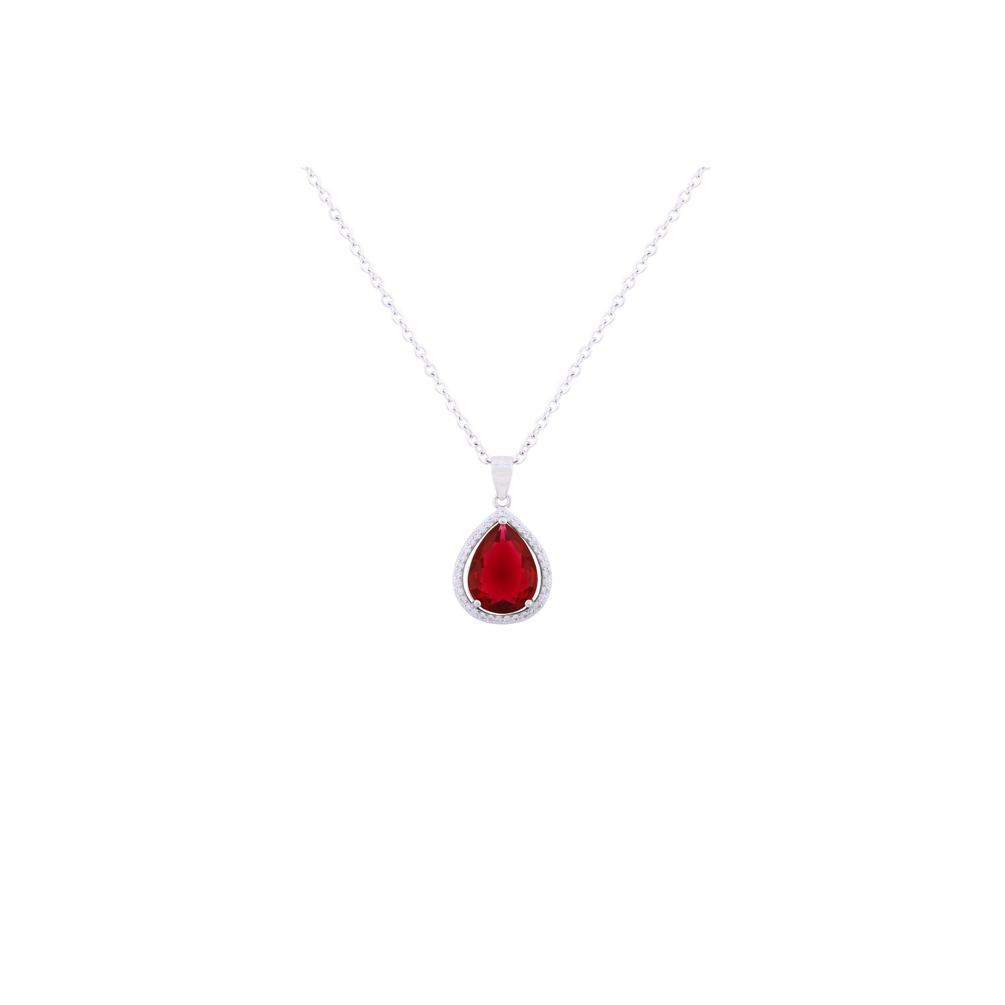 Asfour Crystal 925 Sterling Silver Chain Necklace With Red Pear Design