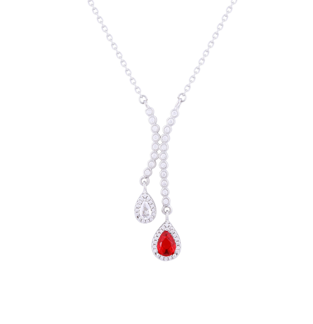 Asfour Crystal Chain Necklace With Ruby Pear Pendant In 925 Sterling Silver-NR0497-WR