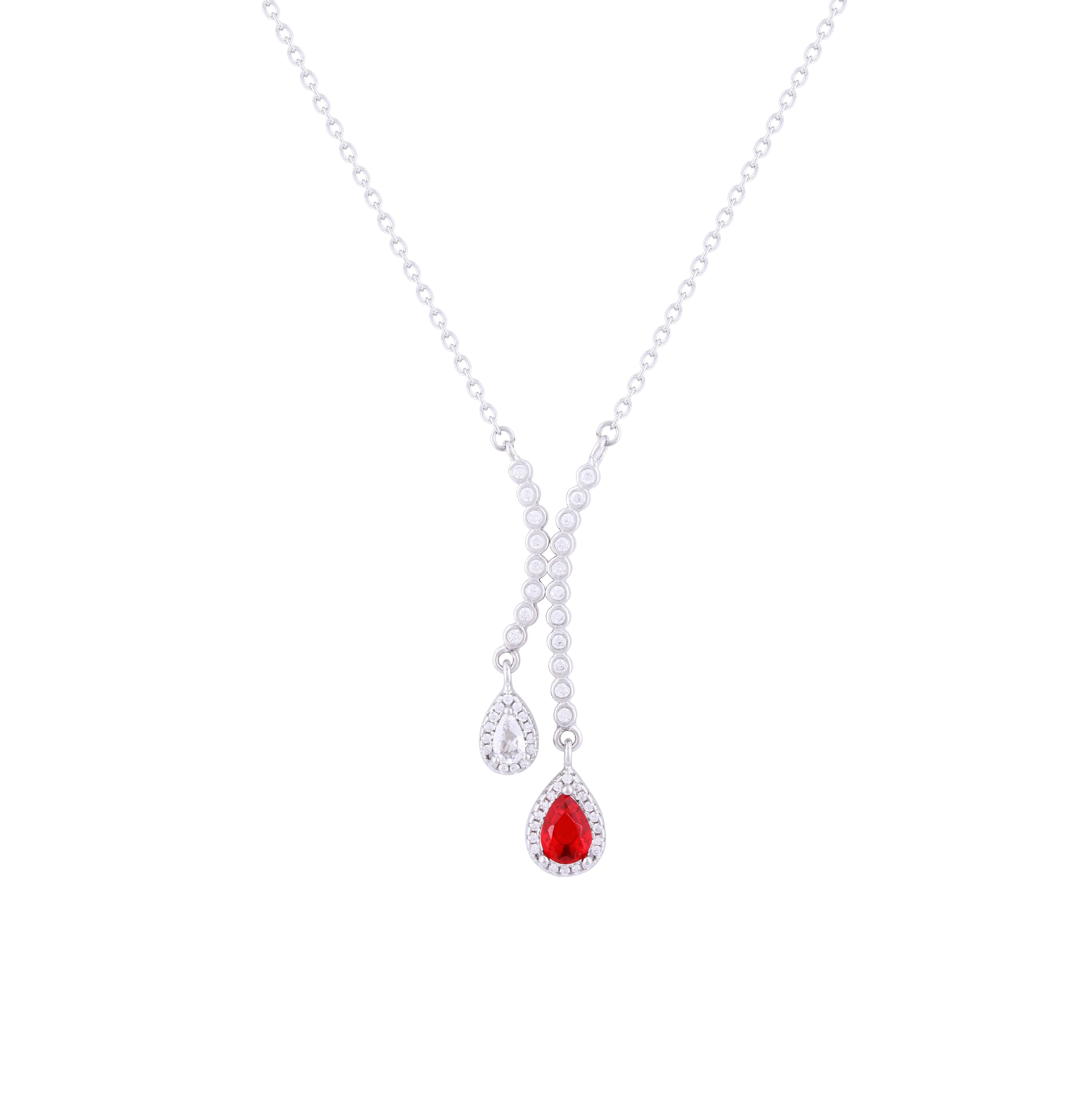 Asfour Crystal Chain Necklace With Ruby Pear Pendant In 925 Sterling Silver-NR0497-WR