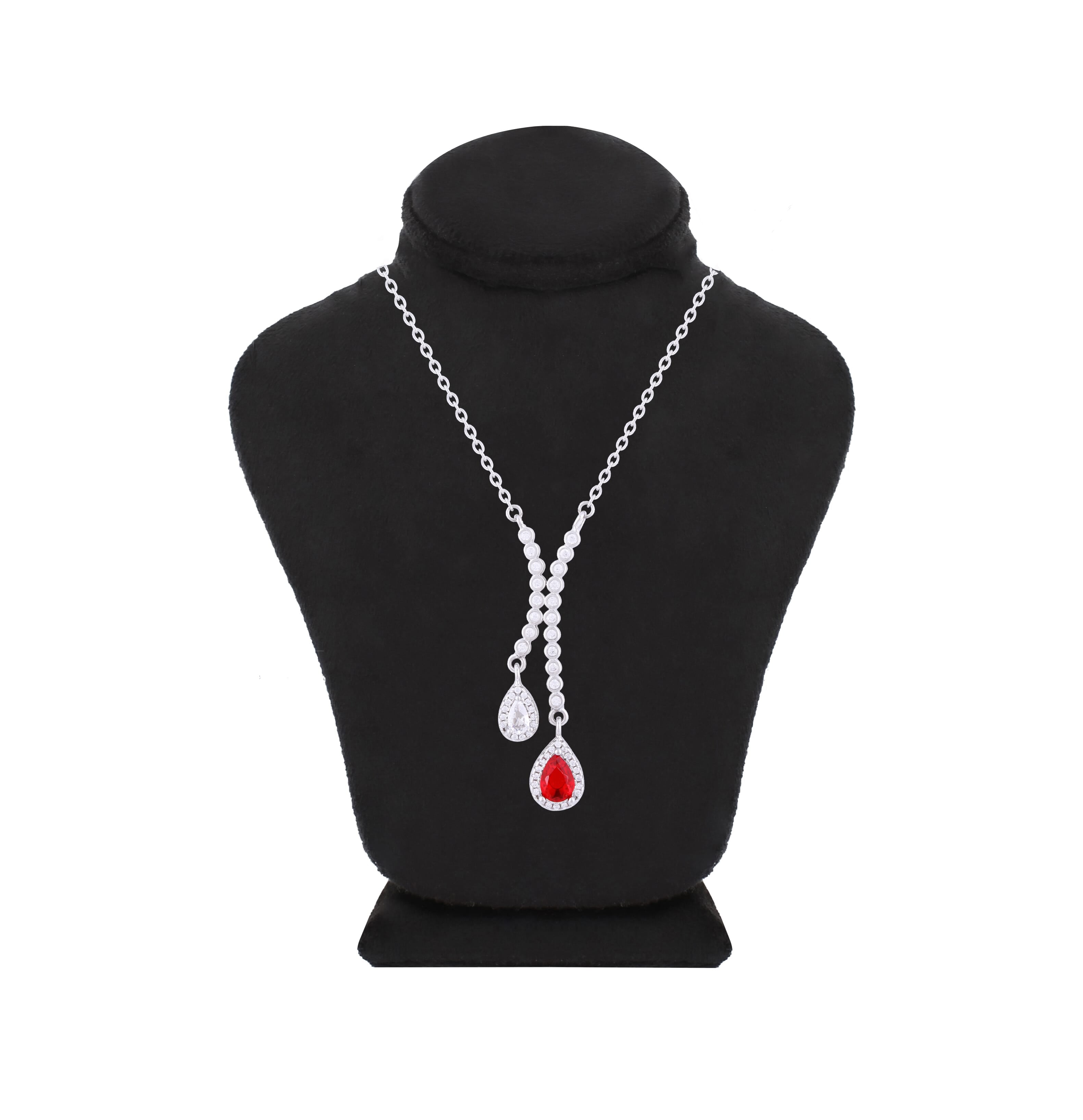 Asfour Crystal Chain Necklace With Ruby Pear Pendant In 925 Sterling Silver-NR0497-WR