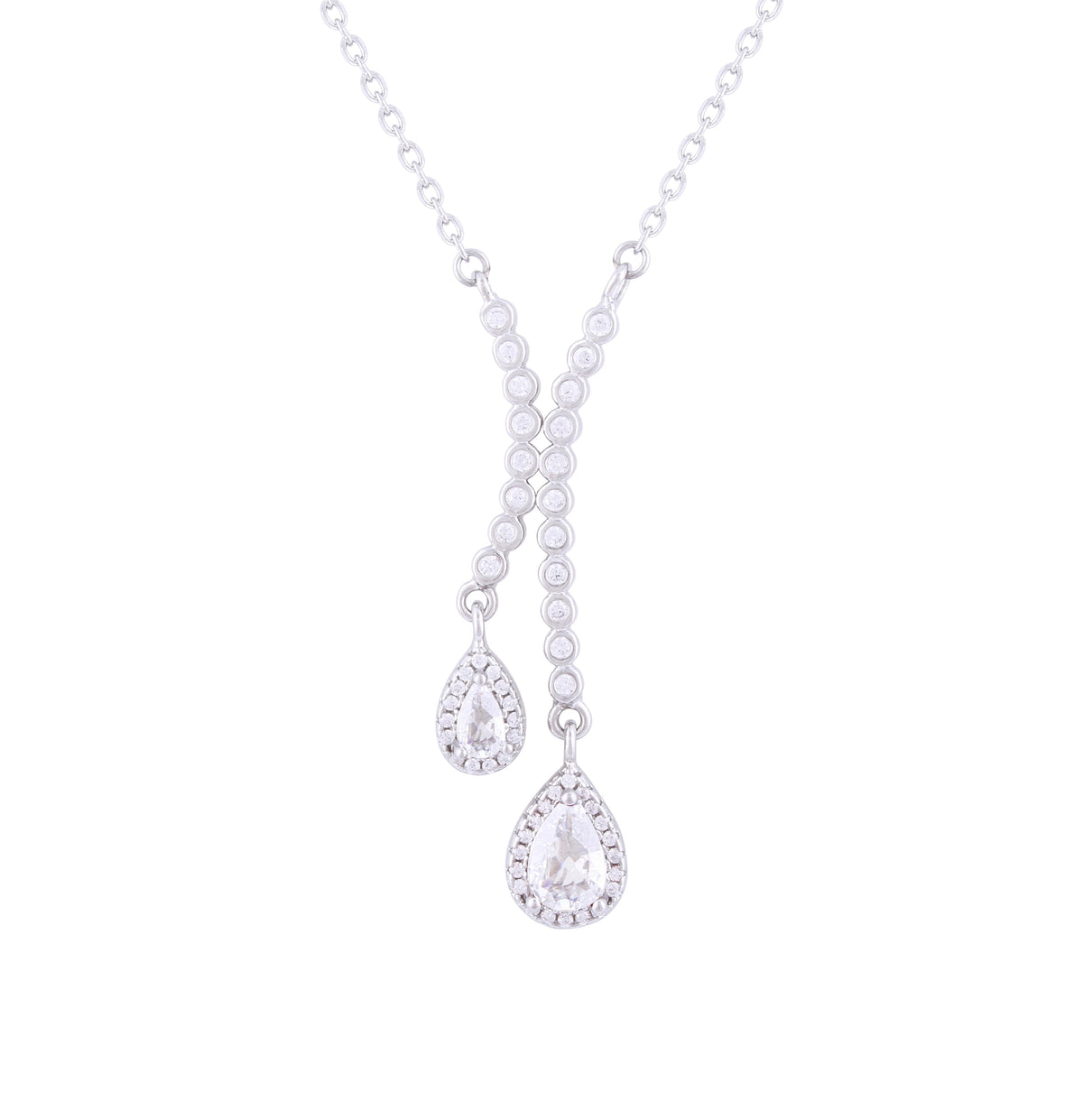 Asfour Crystal Chain Necklace With Zircon Pear Pendant In 925 Sterling Silver-NR0497