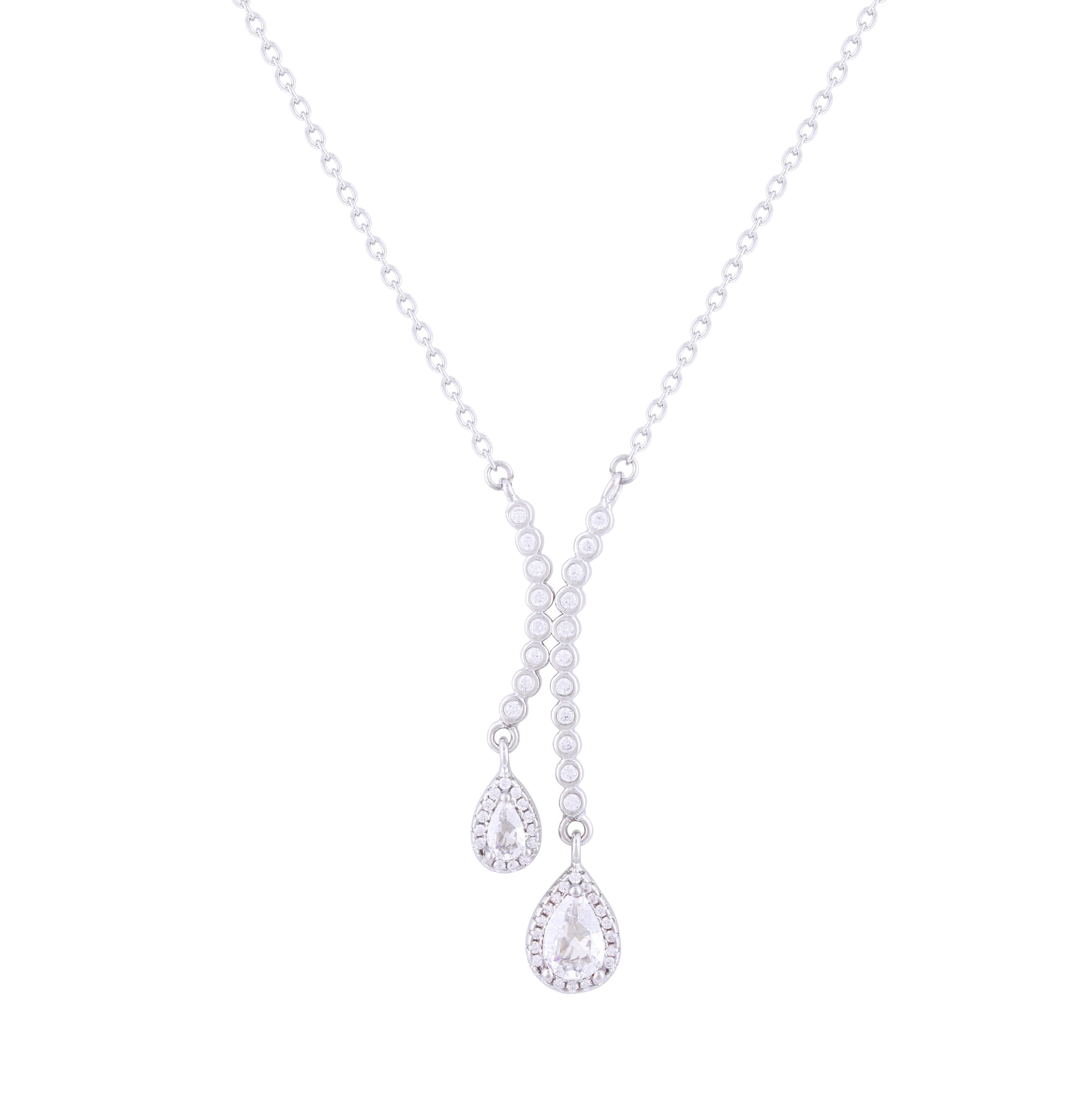 Asfour Crystal Chain Necklace With Zircon Pear Pendant In 925 Sterling Silver-NR0497