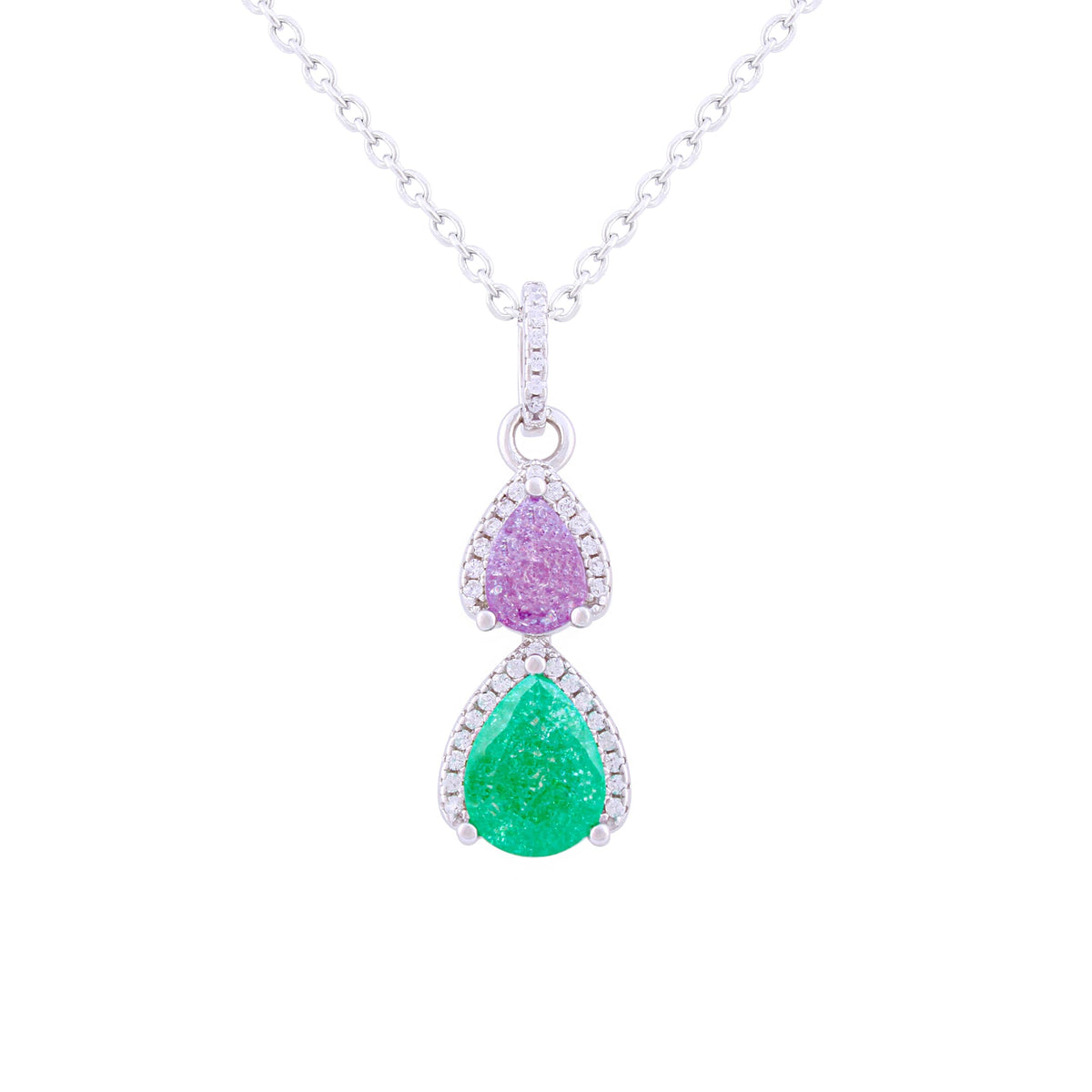 Asfour Crystal Chain Necklace With Multi Color Pear Pendant In 925 Sterling Silver-NR0499-GN-A