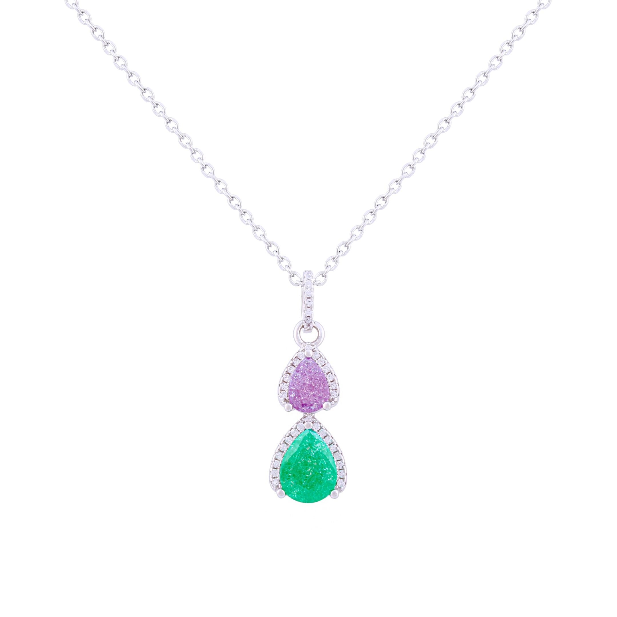 Asfour Crystal Chain Necklace With Multi Color Pear Pendant In 925 Sterling Silver-NR0499-GN-A