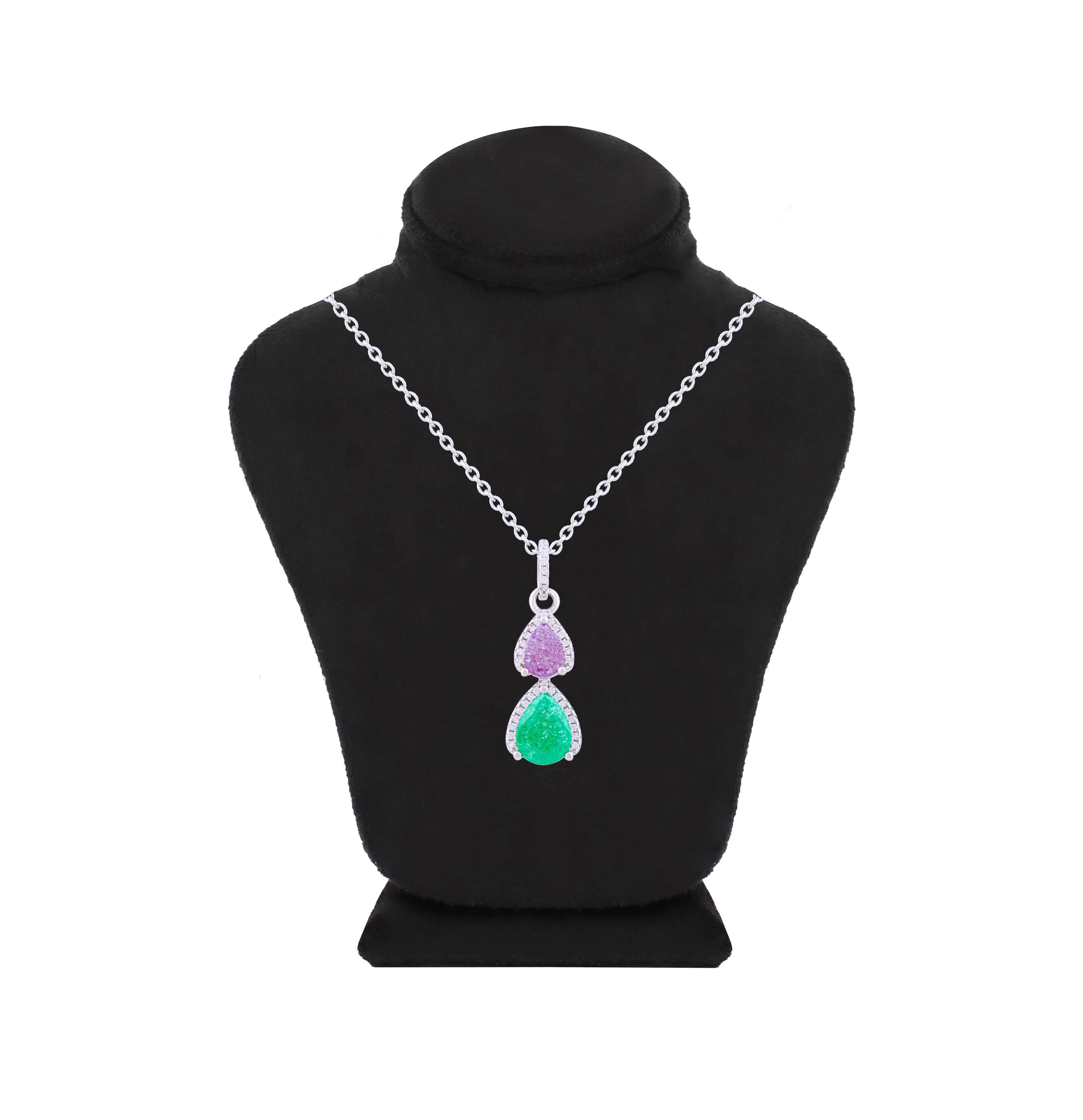 Asfour Crystal Chain Necklace With Multi Color Pear Pendant In 925 Sterling Silver-NR0499-GN-A