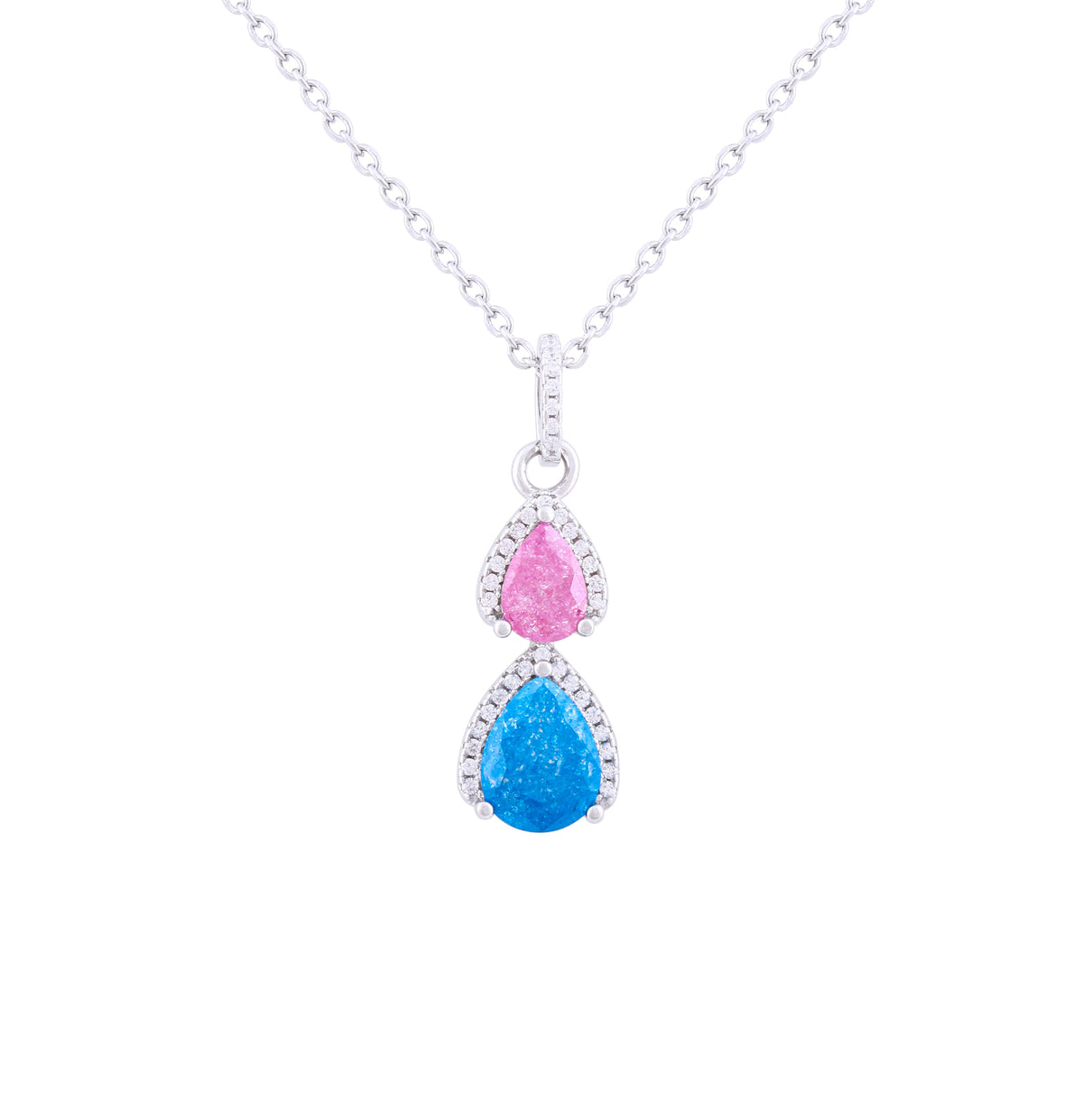 Asfour Crystal Chain Necklace With Multi Color Pear Pendant In 925 Sterling Silver-NR0499-MO-A