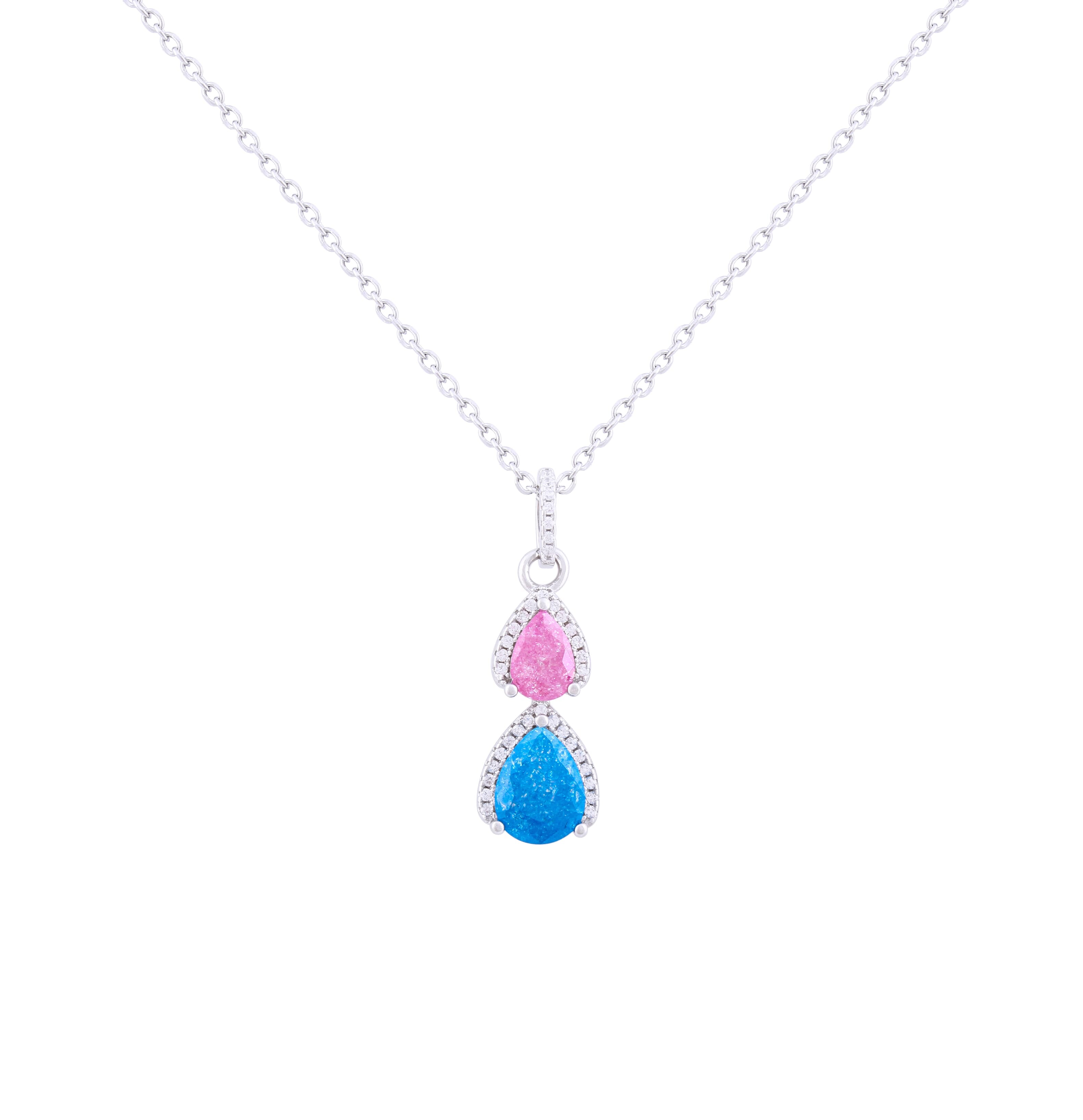 Asfour Crystal Chain Necklace With Multi Color Pear Pendant In 925 Sterling Silver-NR0499-MO-A