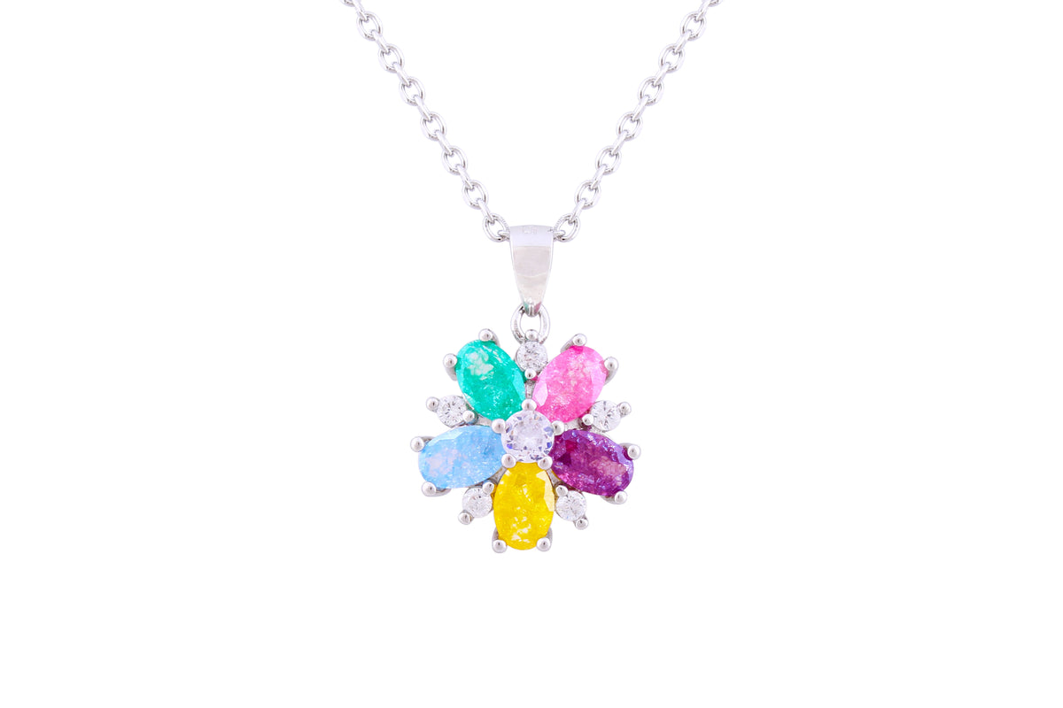 Asfour Crystal Chain Necklace With Multi Color Flower Pendant In 925 Sterling Silver-NR0547-K-A