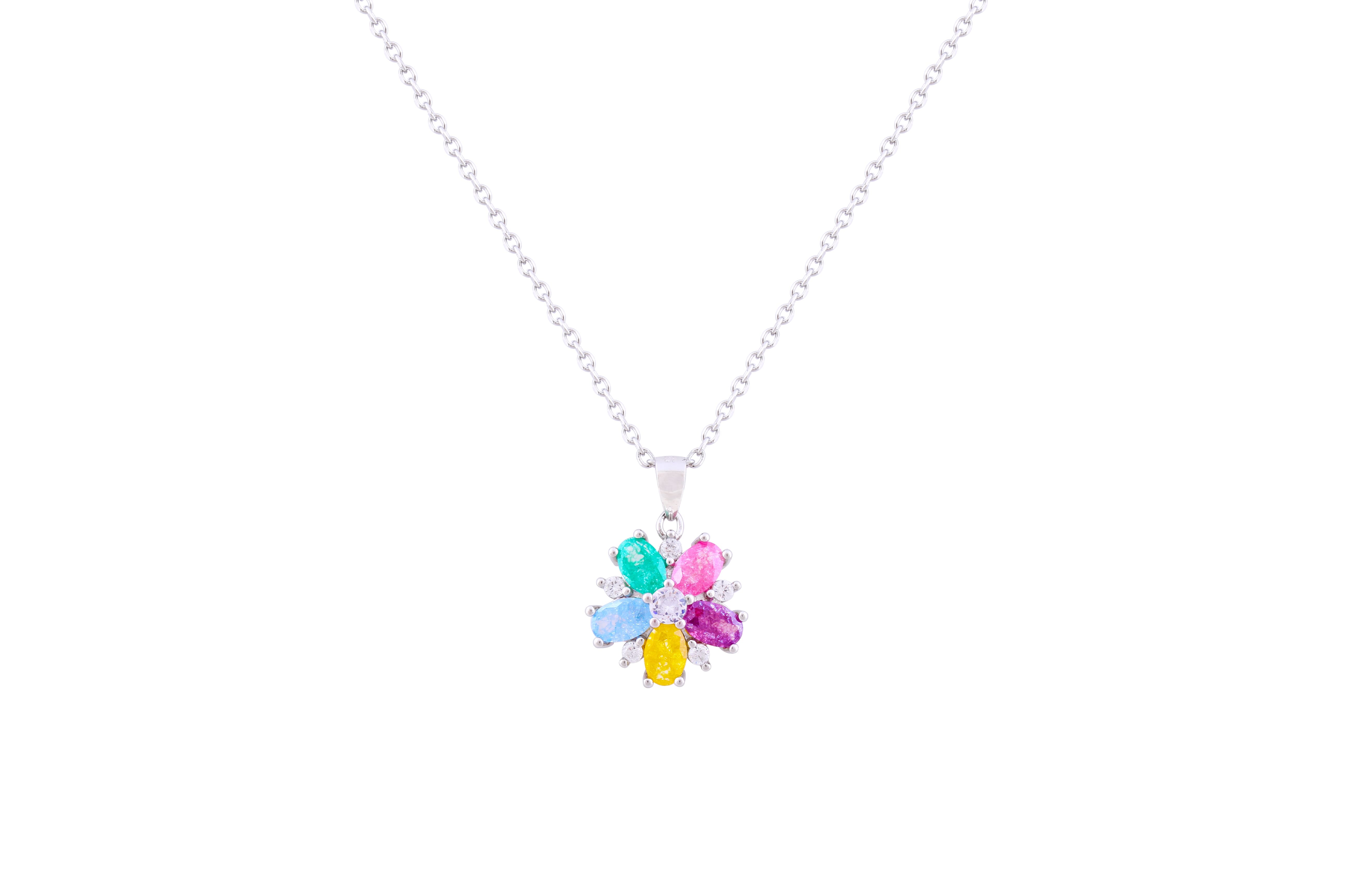 Asfour Crystal Chain Necklace With Multi Color Flower Pendant In 925 Sterling Silver-NR0547-K-A