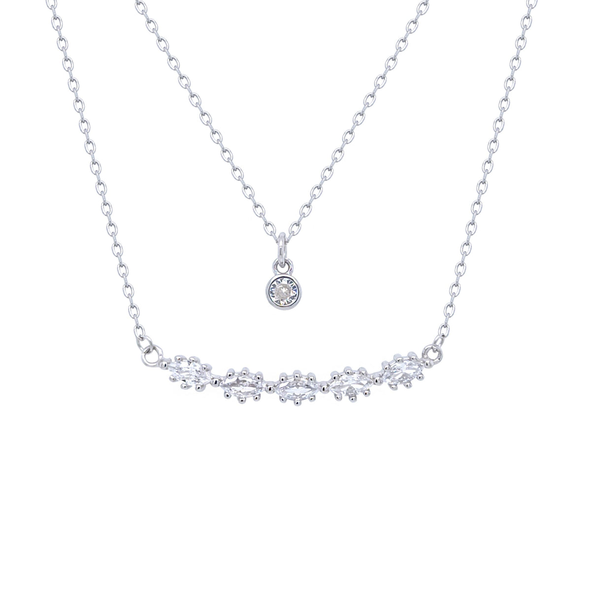 Asfour Crystal Double Layer Chain Necklace With Marquise & Round Zircon In 925 Sterling Silver-NR0551