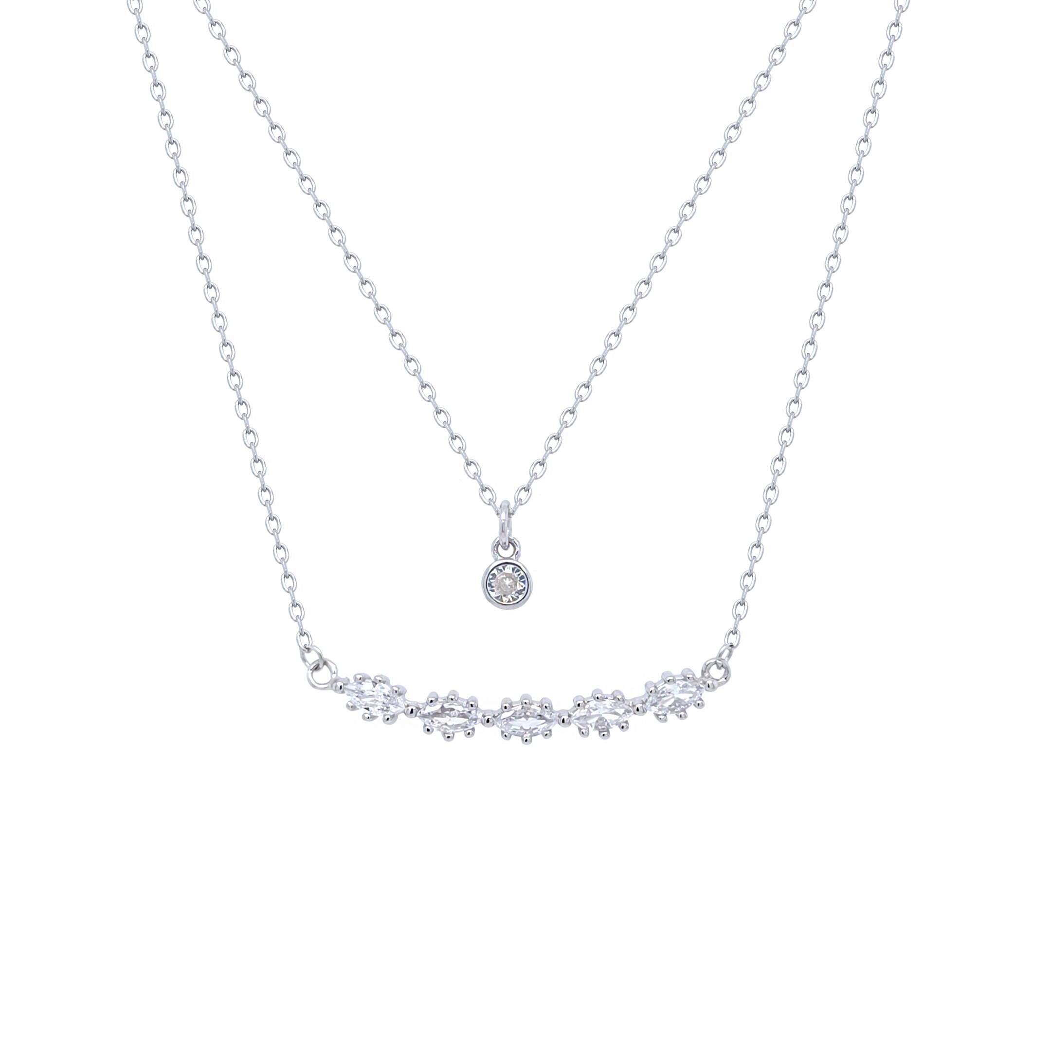 Asfour Crystal Double Layer Chain Necklace With Marquise & Round Zircon In 925 Sterling Silver-NR0551