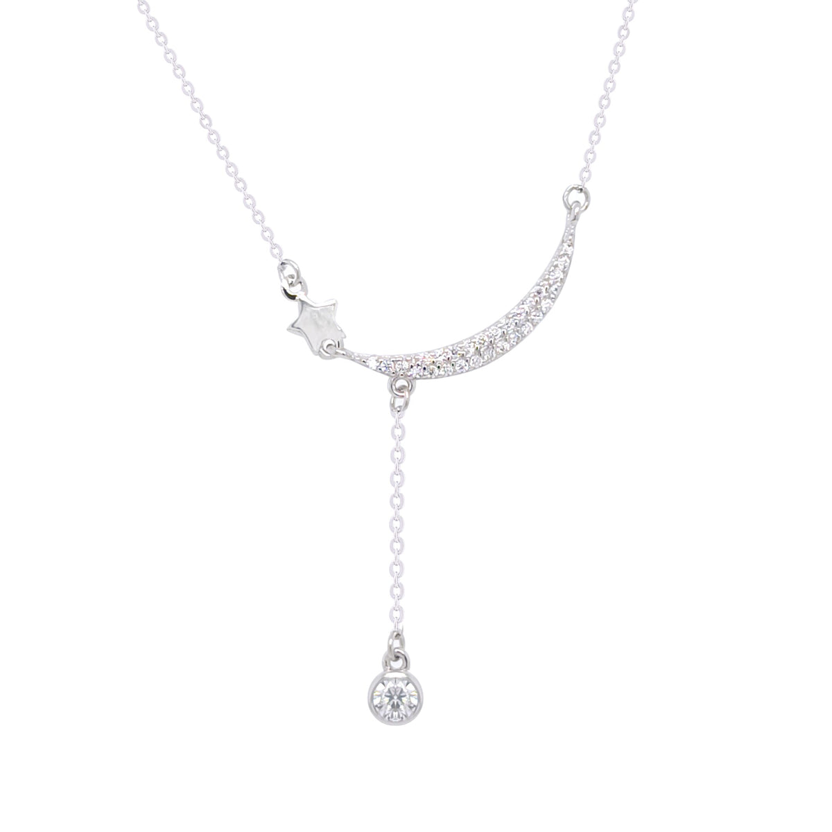 Asfour Crystal Chain Necklace With Crescent & Star Pendant In 925 Sterling Silver-NR0552