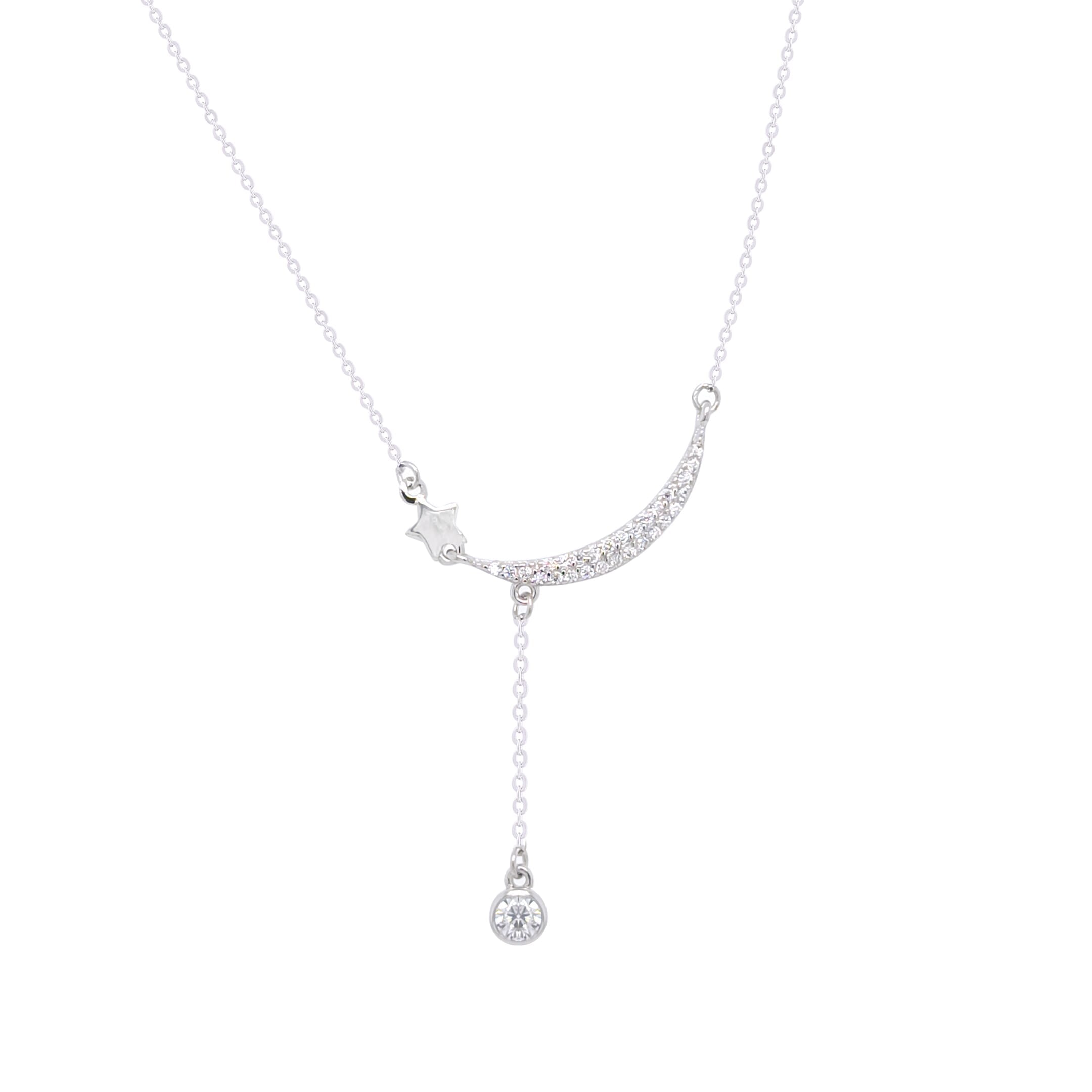 Asfour Crystal Chain Necklace With Crescent & Star Pendant In 925 Sterling Silver-NR0552