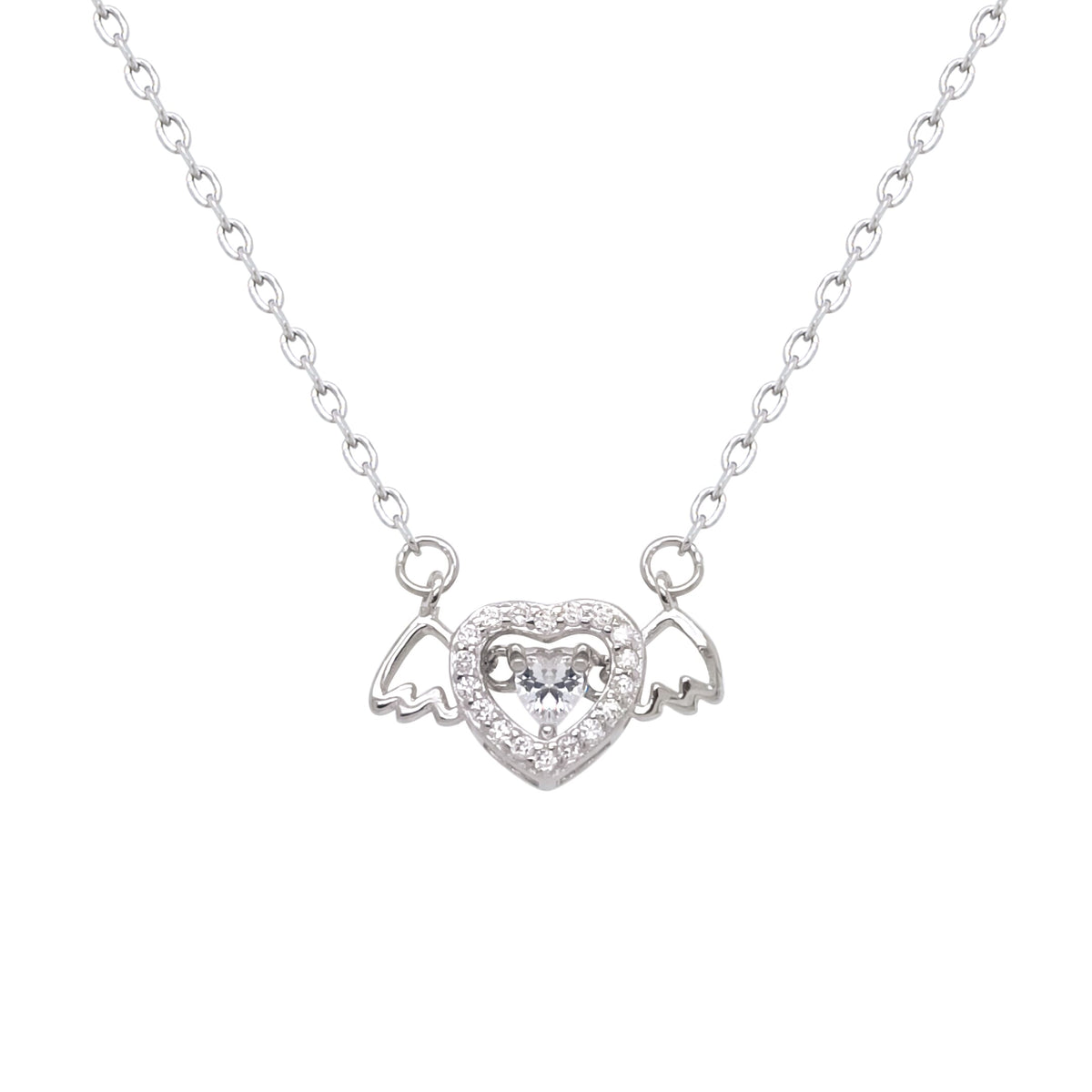 Asfour Crystal Chain Necklace With Heart Angel Wings Pendant In 925 Sterling Silver-NR0556