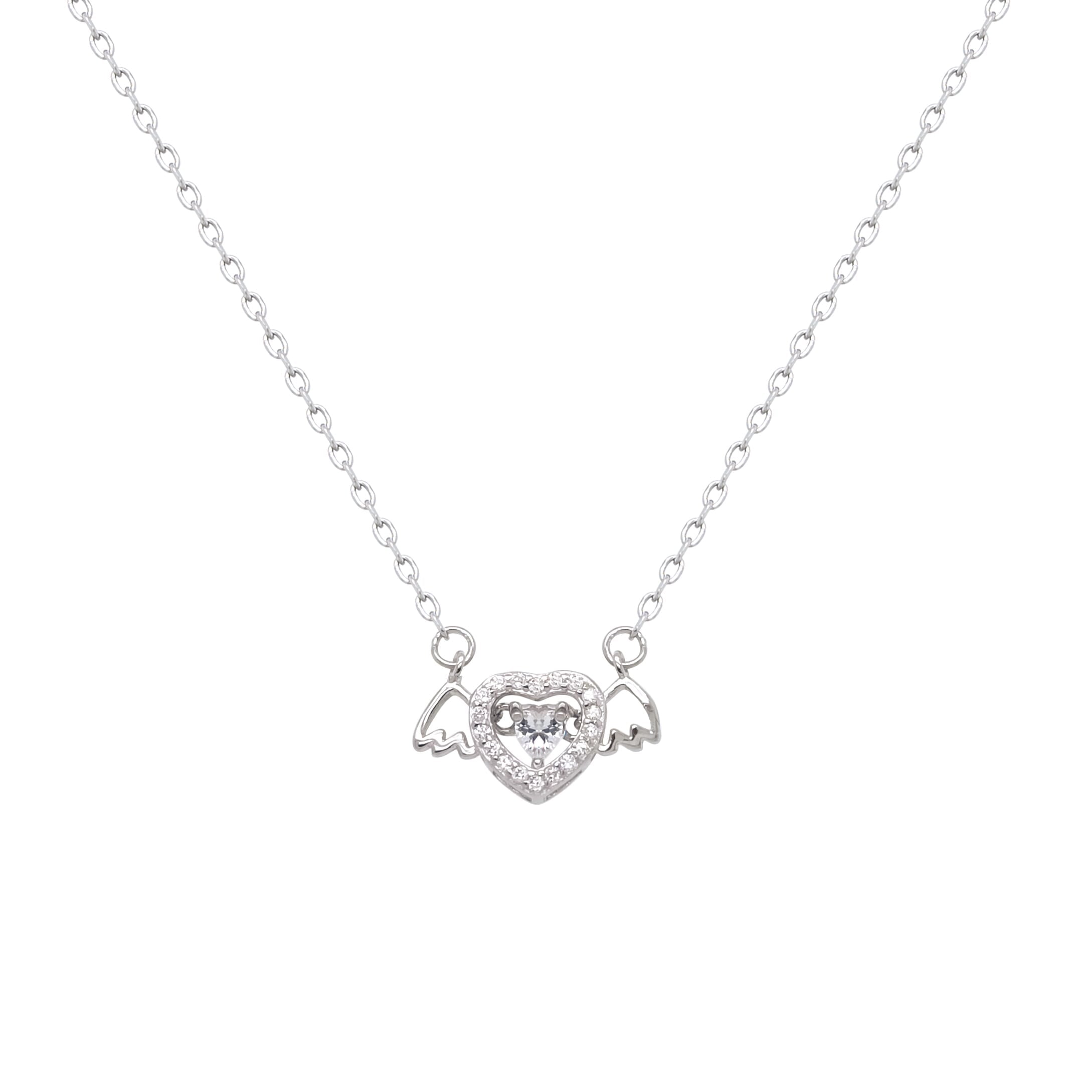 Asfour Crystal Chain Necklace With Heart Angel Wings Pendant In 925 Sterling Silver-NR0556