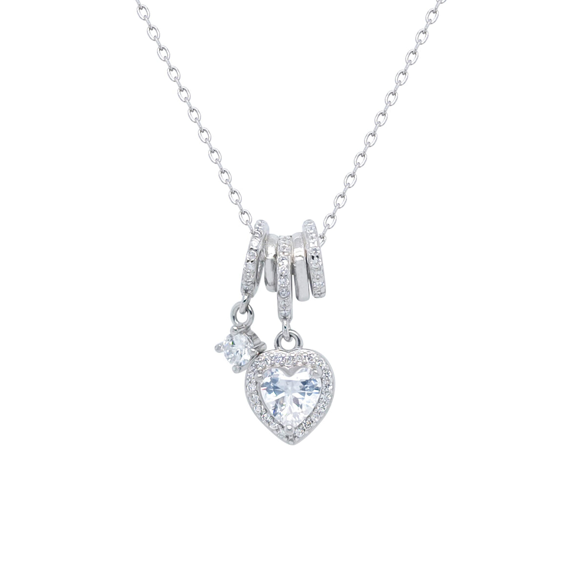 Asfour Crystal Chain Necklace With Bands & Hearts Pendant In 925 Sterling Silver-NR0557