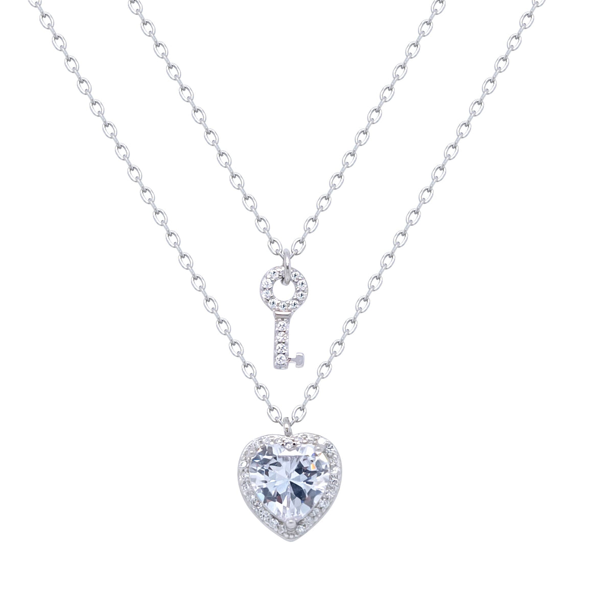 Asfour Crystal Chain Necklace With Key & Heart Pendants In 925 Sterling Silver-NR0558