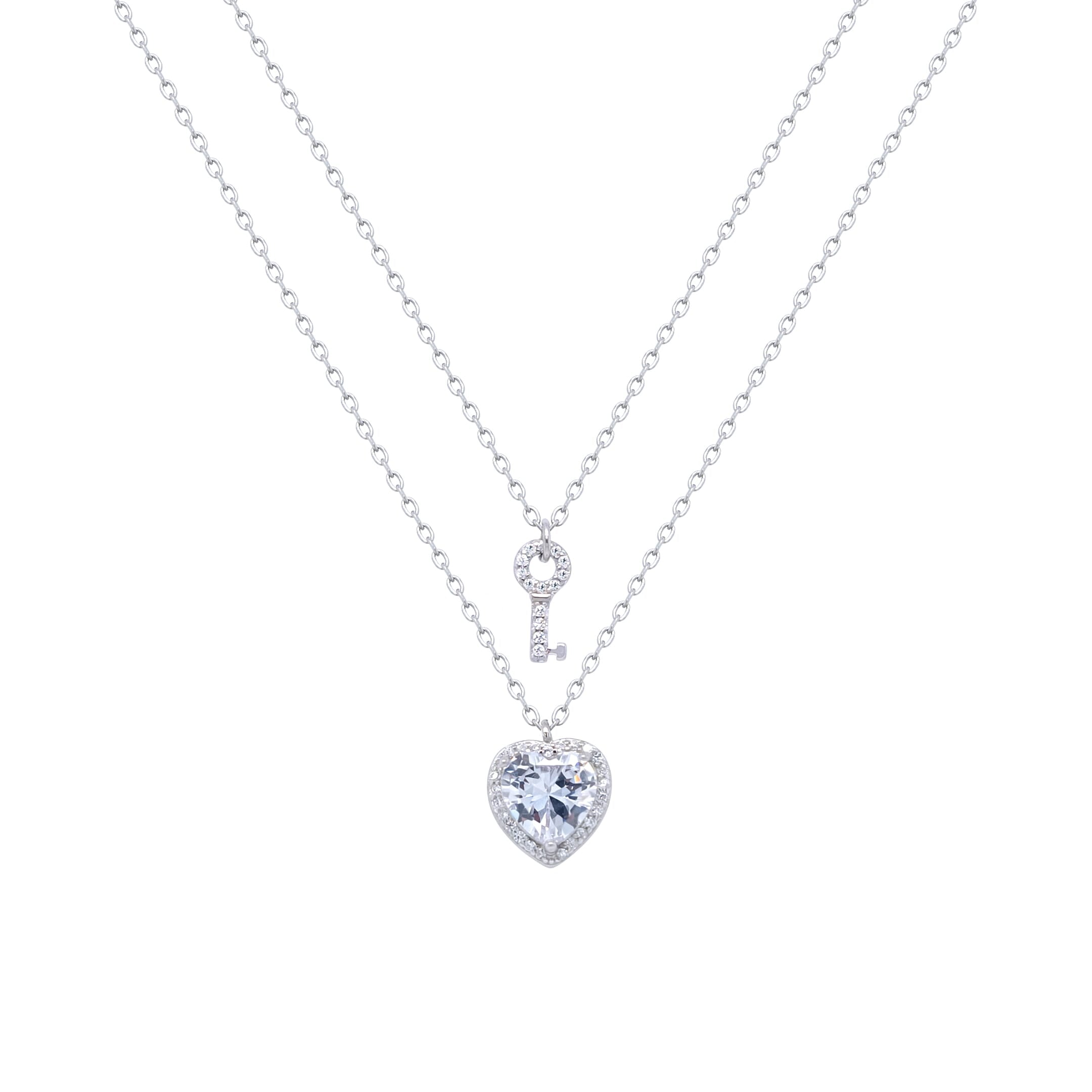 Asfour Crystal Chain Necklace With Key & Heart Pendants In 925 Sterling Silver-NR0558