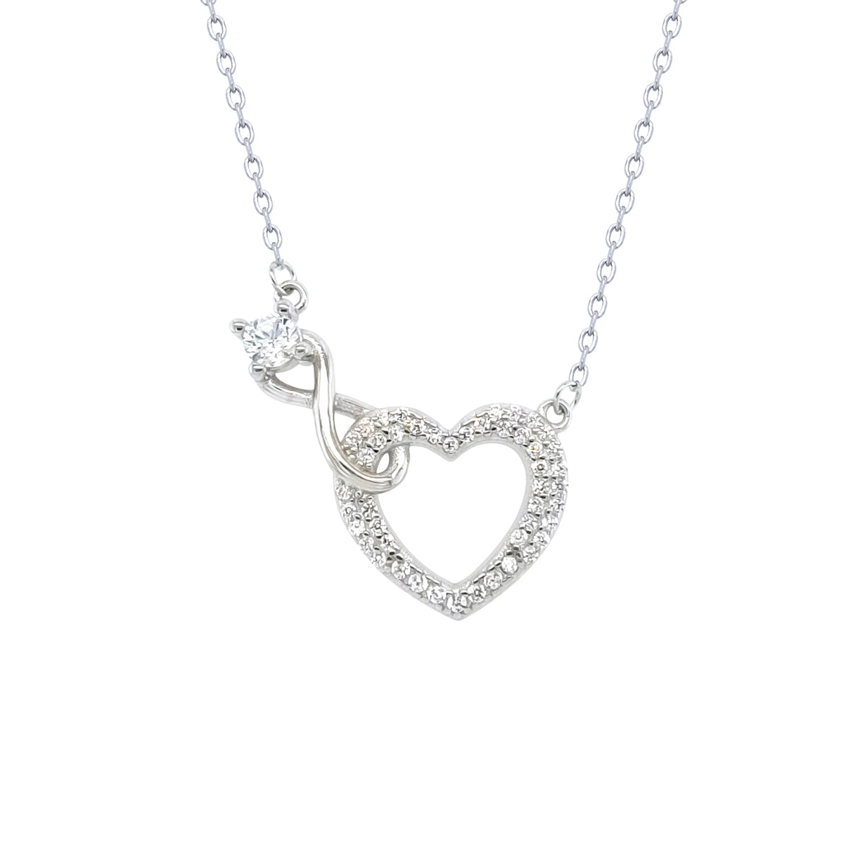 Asfour Crystal Chain Necklace With Infinity Heart Pendant In 925 Sterling Silver-NR0559