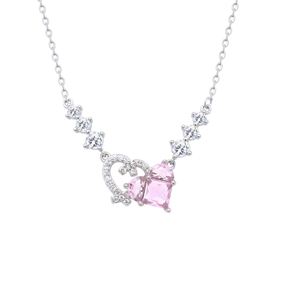 Asfour Crystal Chain Necklace With Decorative & Rose Hearts Pendant In 925 Sterling Silver-NR0560-WO