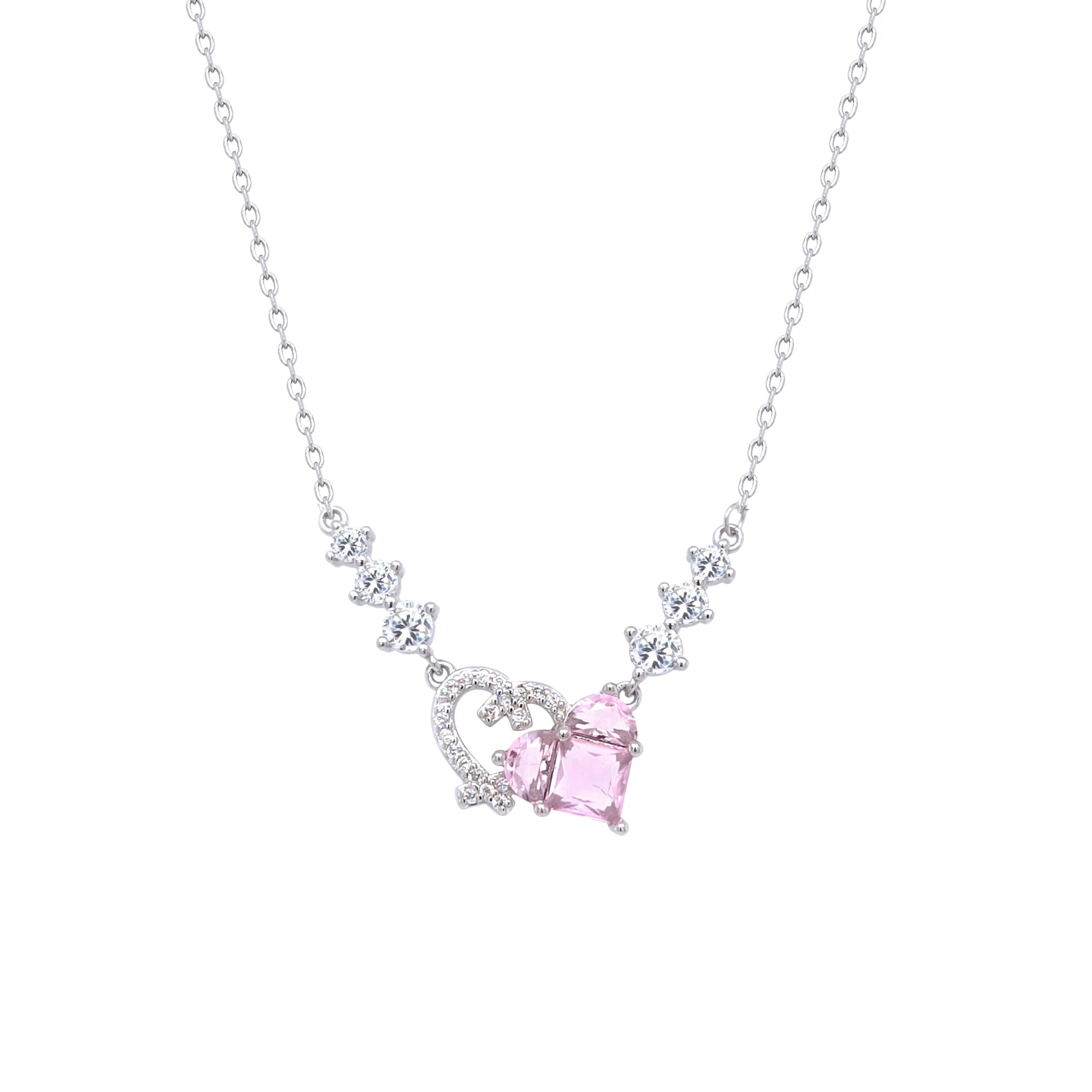 Asfour Crystal Chain Necklace With Decorative & Rose Hearts Pendant In 925 Sterling Silver-NR0560-WO