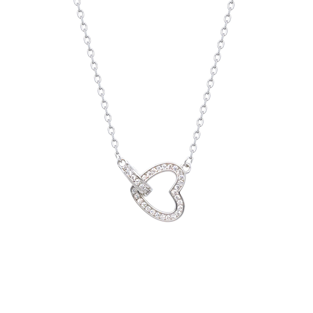 Asfour Crystal Chain Necklace With Interlocking Heart Pendant In 925 Sterling Silver-NR0561