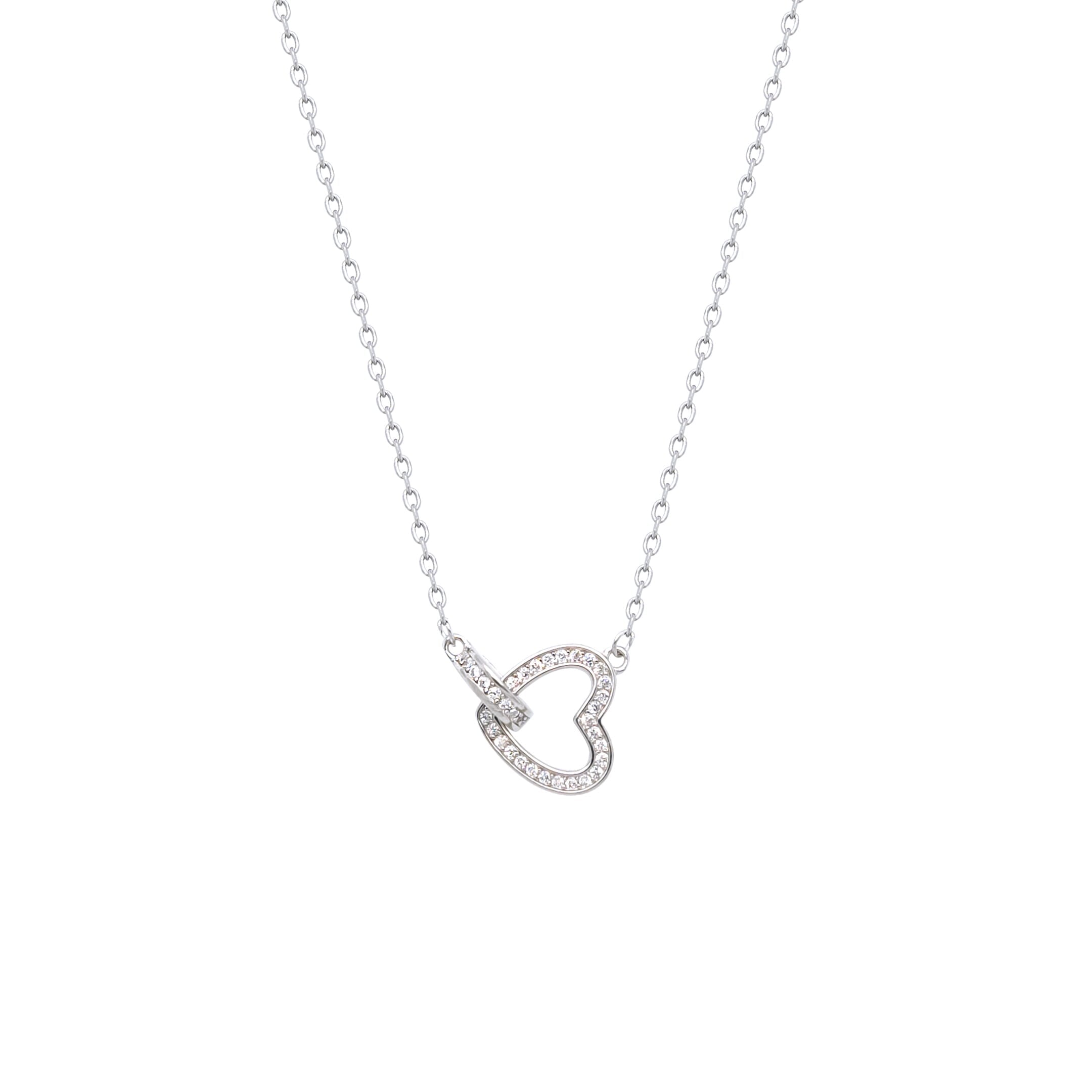 Asfour Crystal Chain Necklace With Interlocking Heart Pendant In 925 Sterling Silver-NR0561