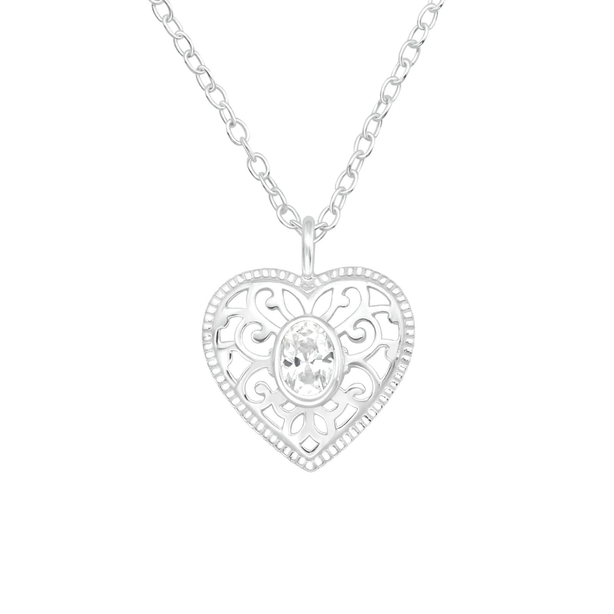 Asfour 925 Sterling Silver Necklace with Round Zicron Stone, Clear