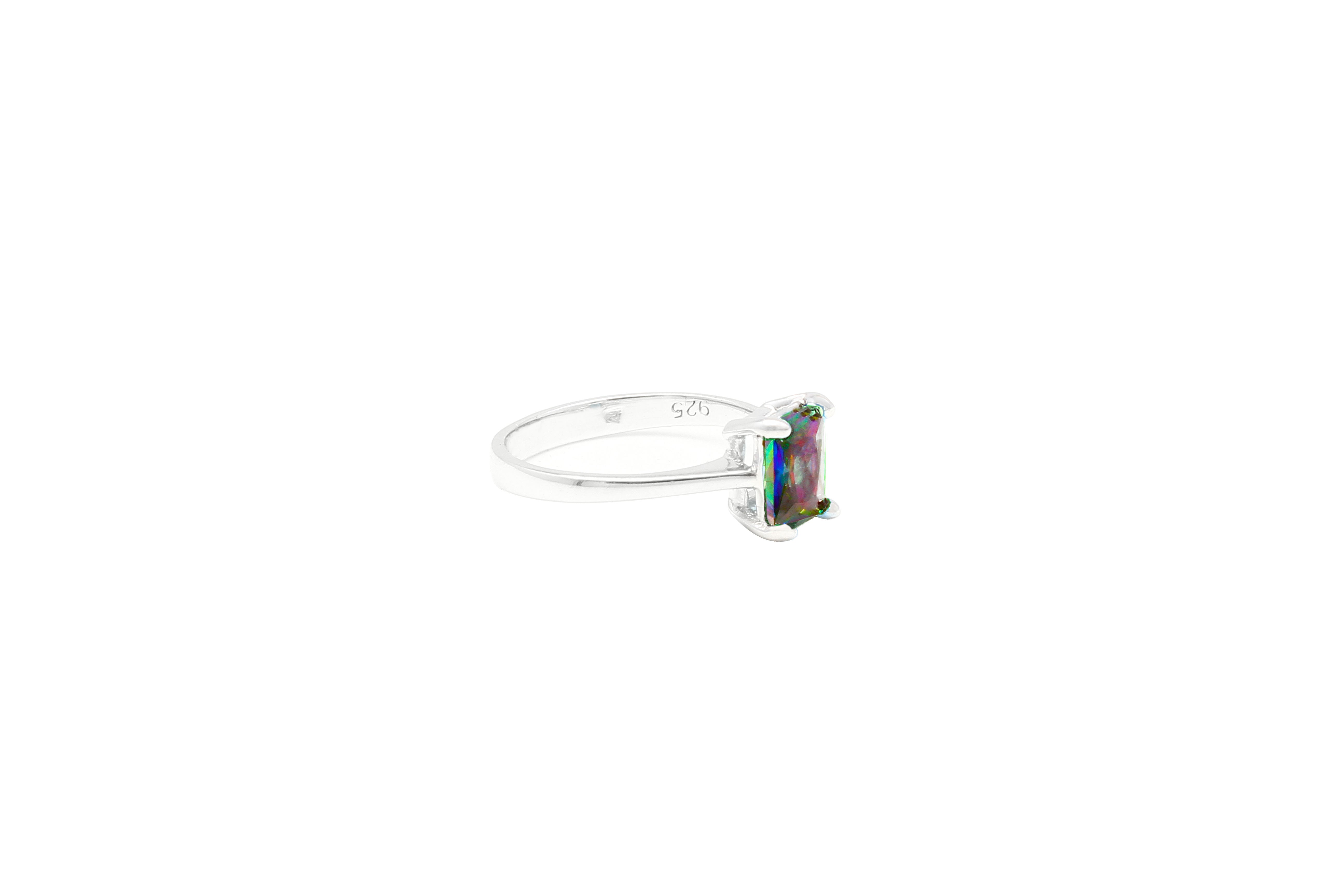 Asfour Crystal Drew Ring With Multi Color Emerald Cut Stone In 925 Sterling Silver RD0026-AP-9