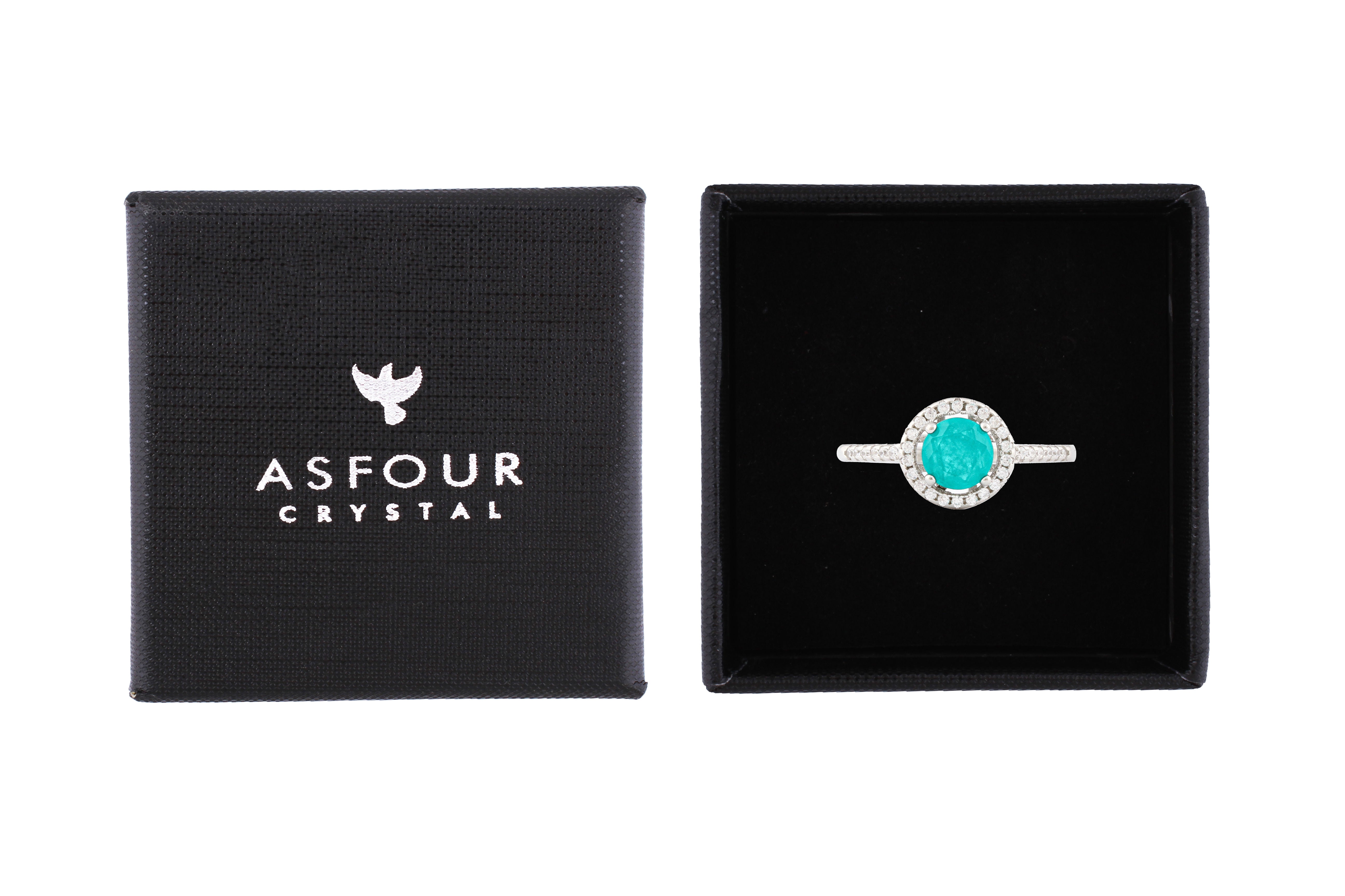 Asfour Crystal Drew Rind With Round Aquamarine Design In 925 Sterling Silver RD0030-GC-8