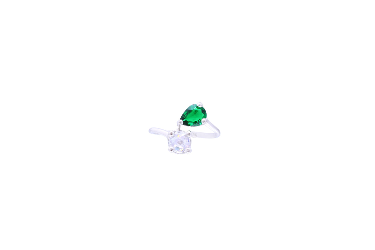 Asfour Crystal Curved Ring Made Of 925 Sterling Silver ( Size 8 ) Inlaid With Pear Cut Emerald Zircon Stone & Transparent Round Zircon Stone-RD0053-WG-8