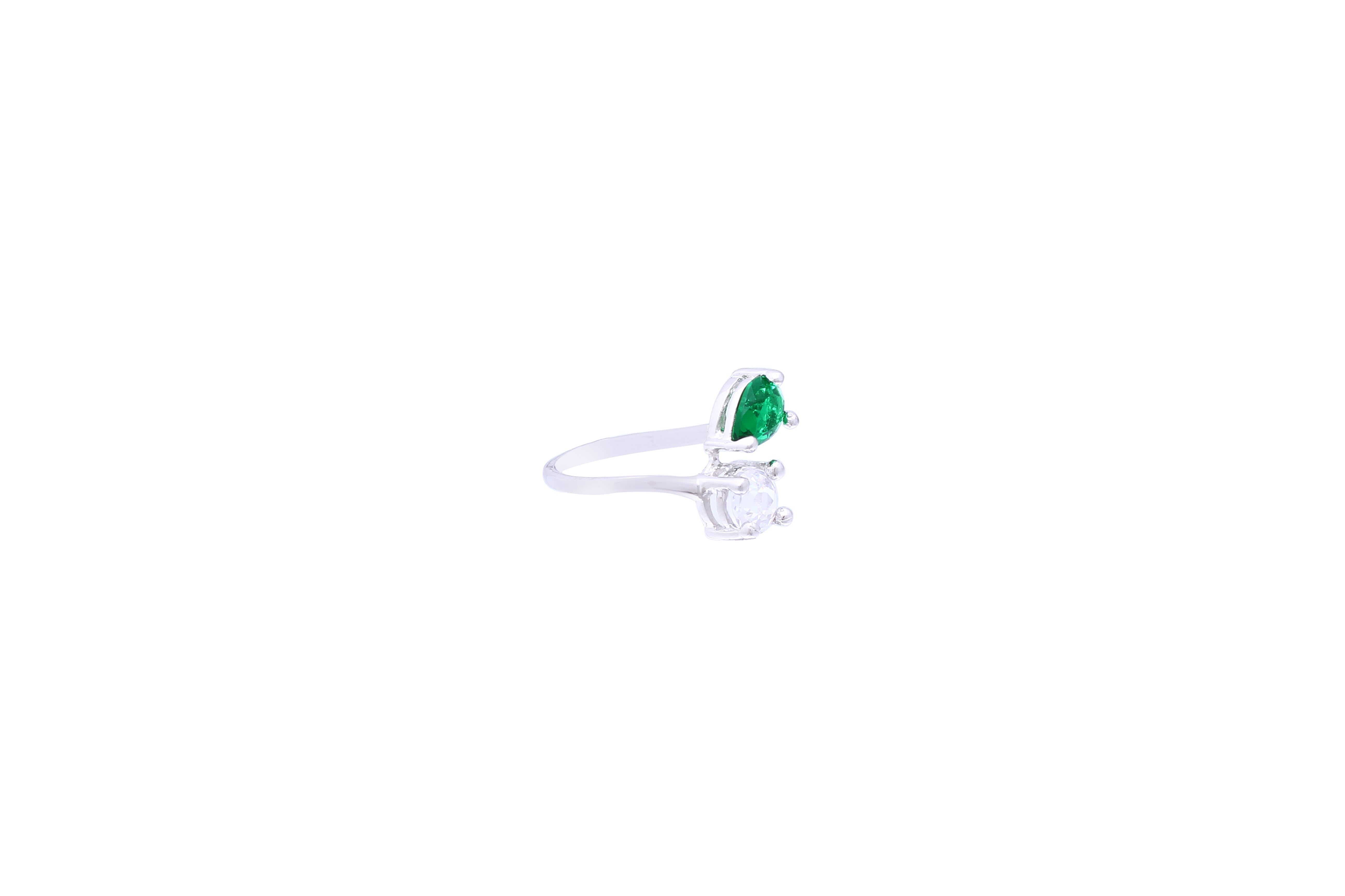 Asfour Crystal Curved Ring Made Of 925 Sterling Silver ( Size 8 ) Inlaid With Pear Cut Emerald Zircon Stone & Transparent Round Zircon Stone-RD0053-WG-8