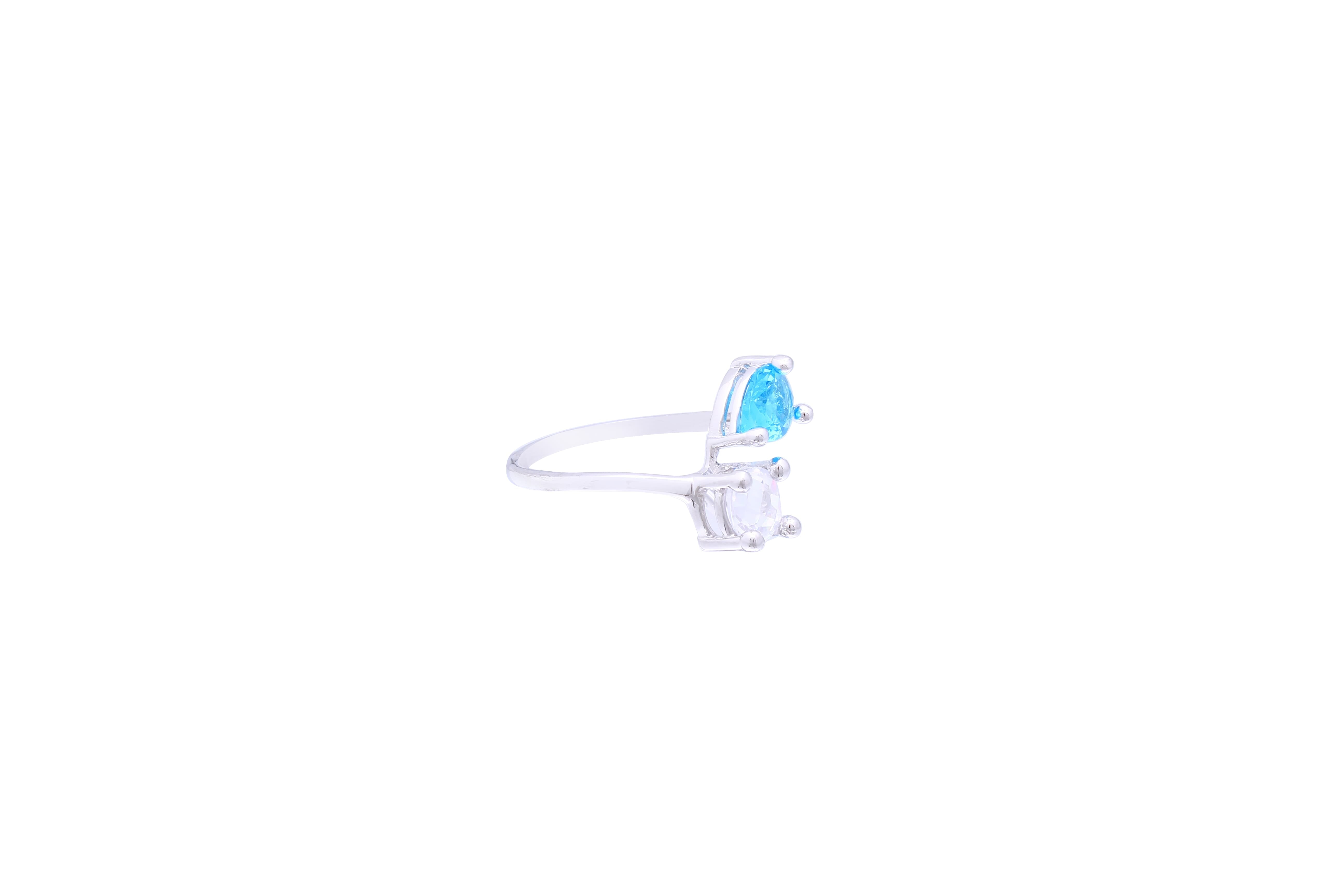 Asfour Crystal Curved Ring Made Of 925 Sterling Silver ( Size 8 ) Inlaid With Pear Cut Aquamarine Zircon Stone & Transparent Round Zircon Stone-RD0053-WM-8