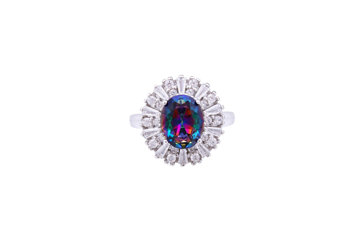 Asfour Crystal Cocktail Ring With Oval Cut Multi Color Zircon Stone In 925 Sterling Silver RD0069-APW-8