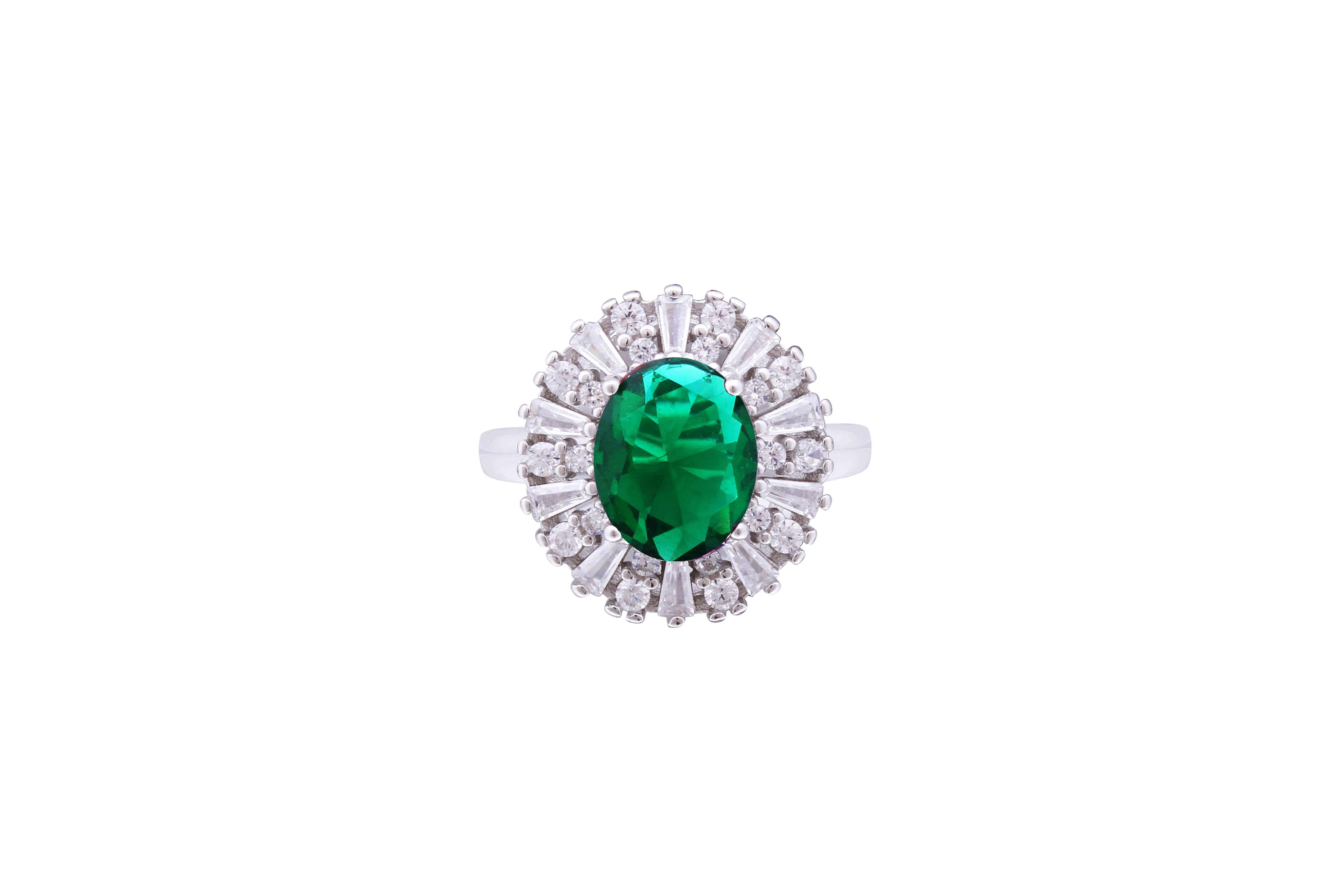 Asfour Crystal Cocktail Ring With Oval Cut Emerald Zircon Stone In 925 Sterling Silver RD0069-GW-9