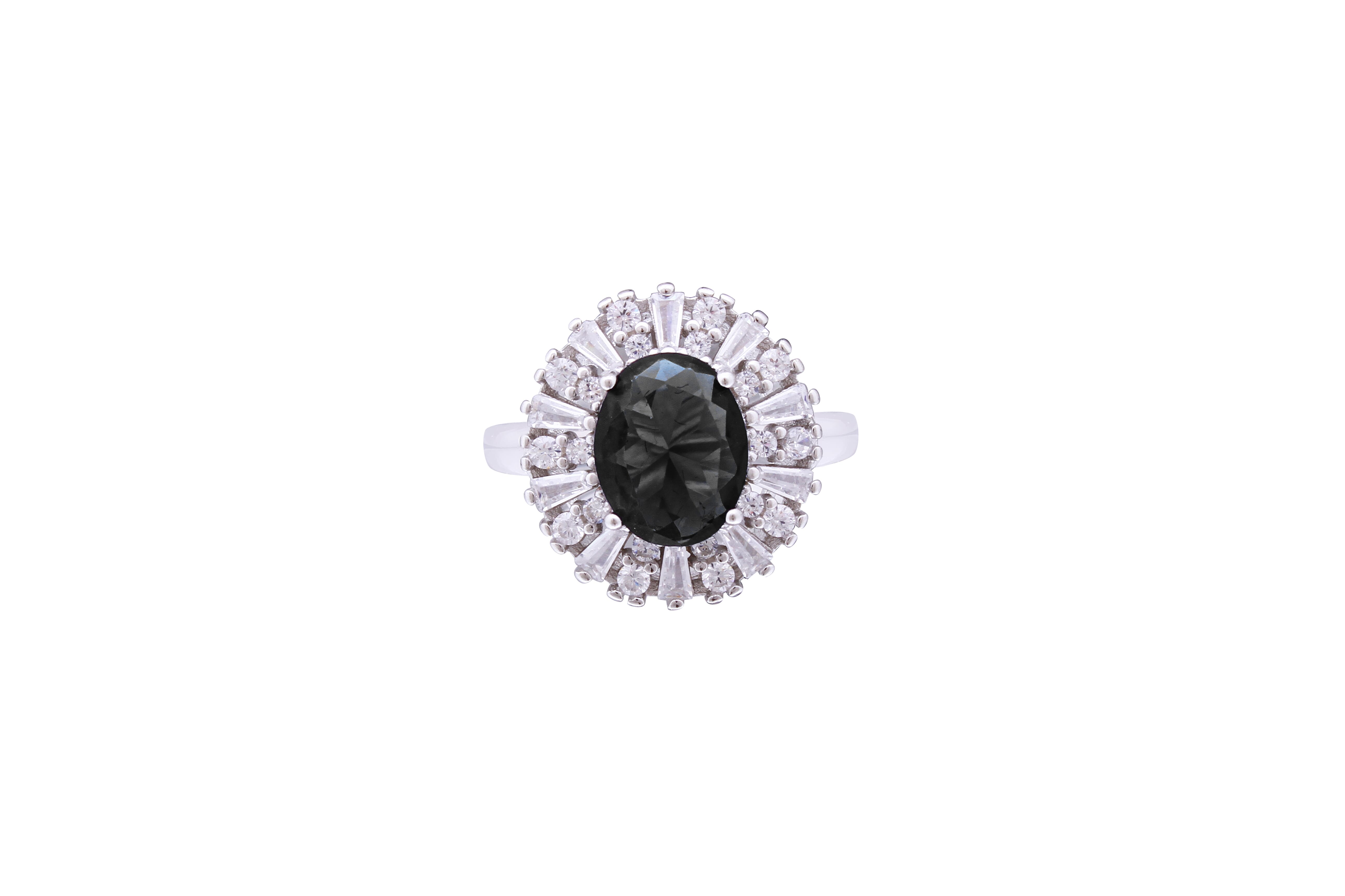 Asfour Crystal Cocktail Ring With Oval Cut Black Zircon Stone In 925 Sterling Silver RD0069-PW-7