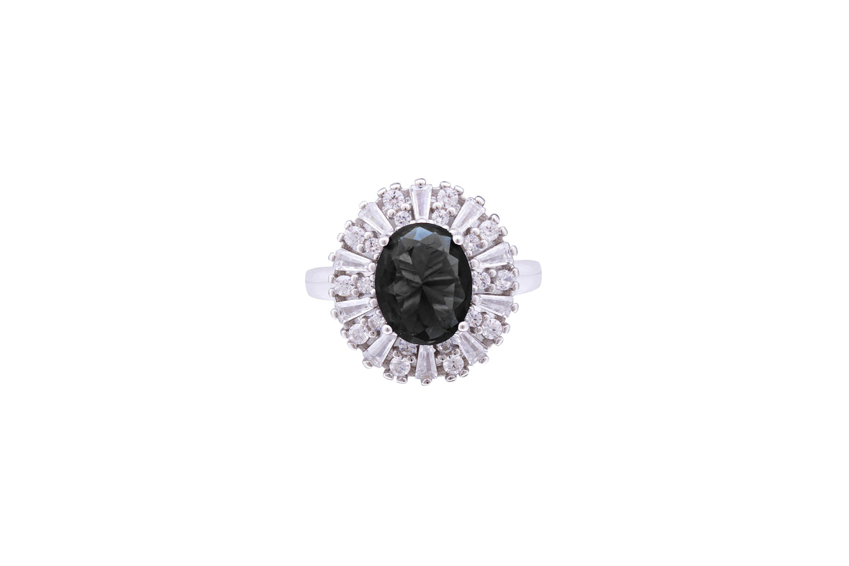 Asfour Crystal Cocktail Ring With Oval Cut Black Zircon Stone In 925 Sterling Silver RD0069-PW-8