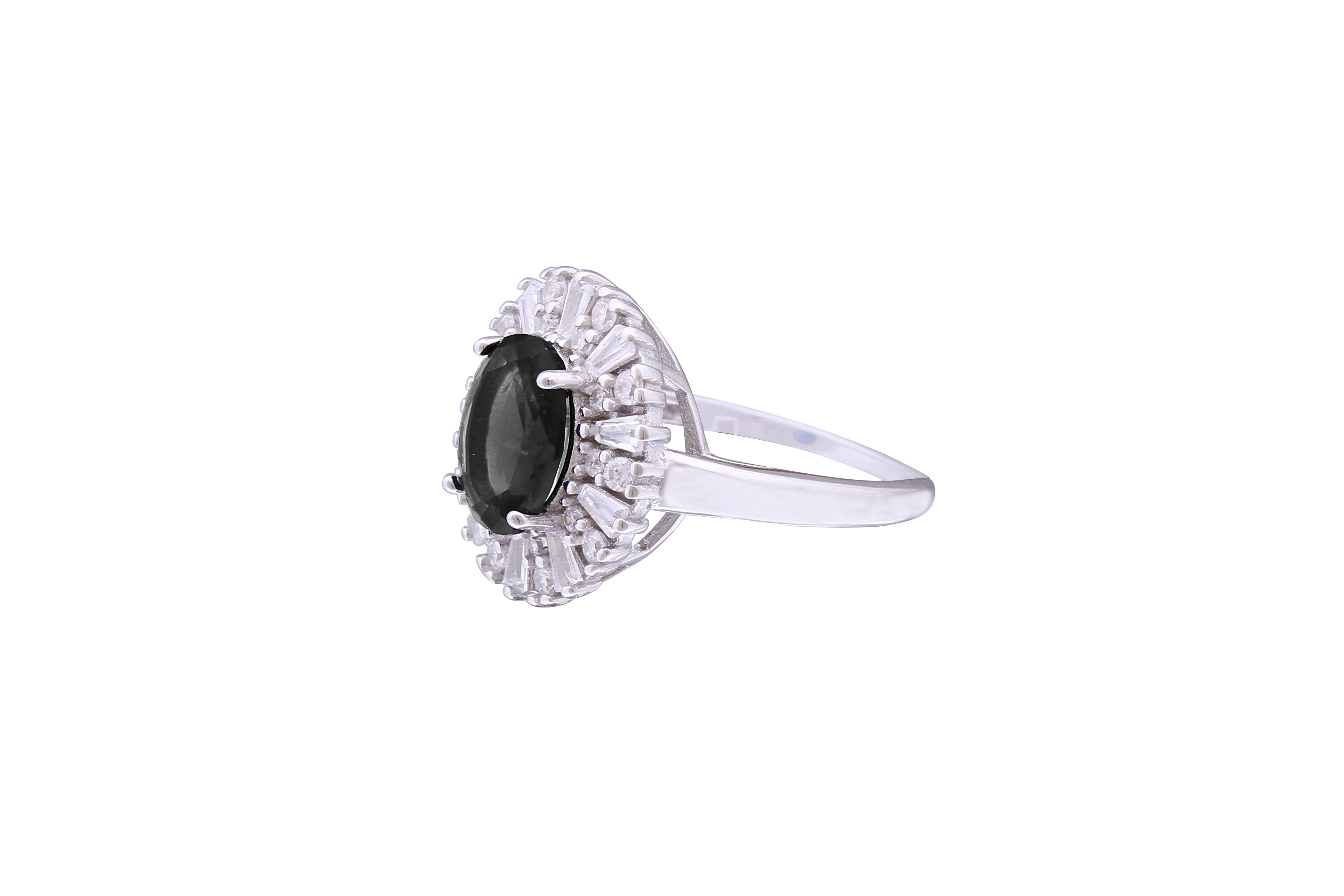 Asfour Crystal Cocktail Ring With Oval Cut Black Zircon Stone In 925 Sterling Silver RD0069-PW-8