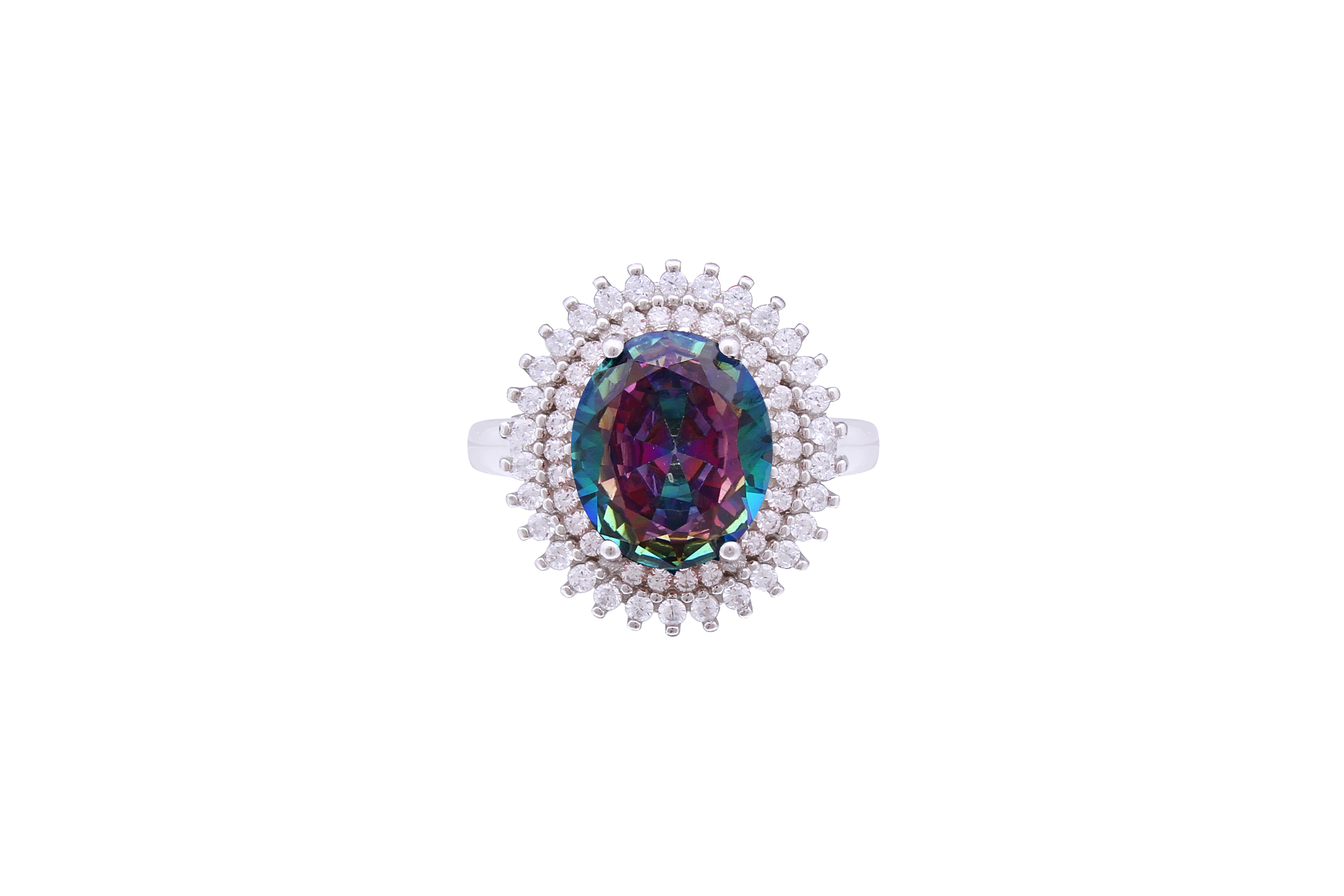 Asfour Crystal Halo Ring With Oval Cut Multi Color Zircon Stone In 925 Sterling Silver RD0070-APW-7