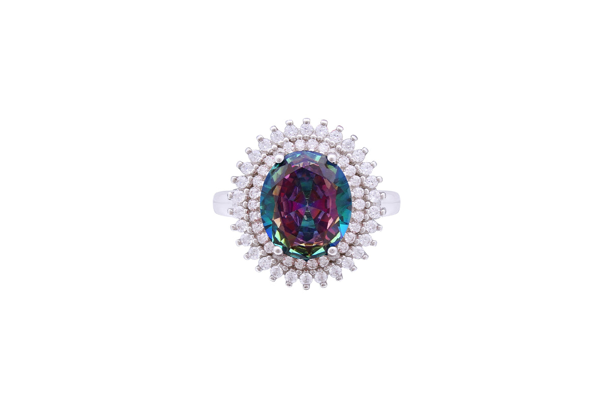 Asfour Crystal Halo Ring With Oval Cut Multi Color Zircon Stone In 925 Sterling Silver RD0070-APW-7