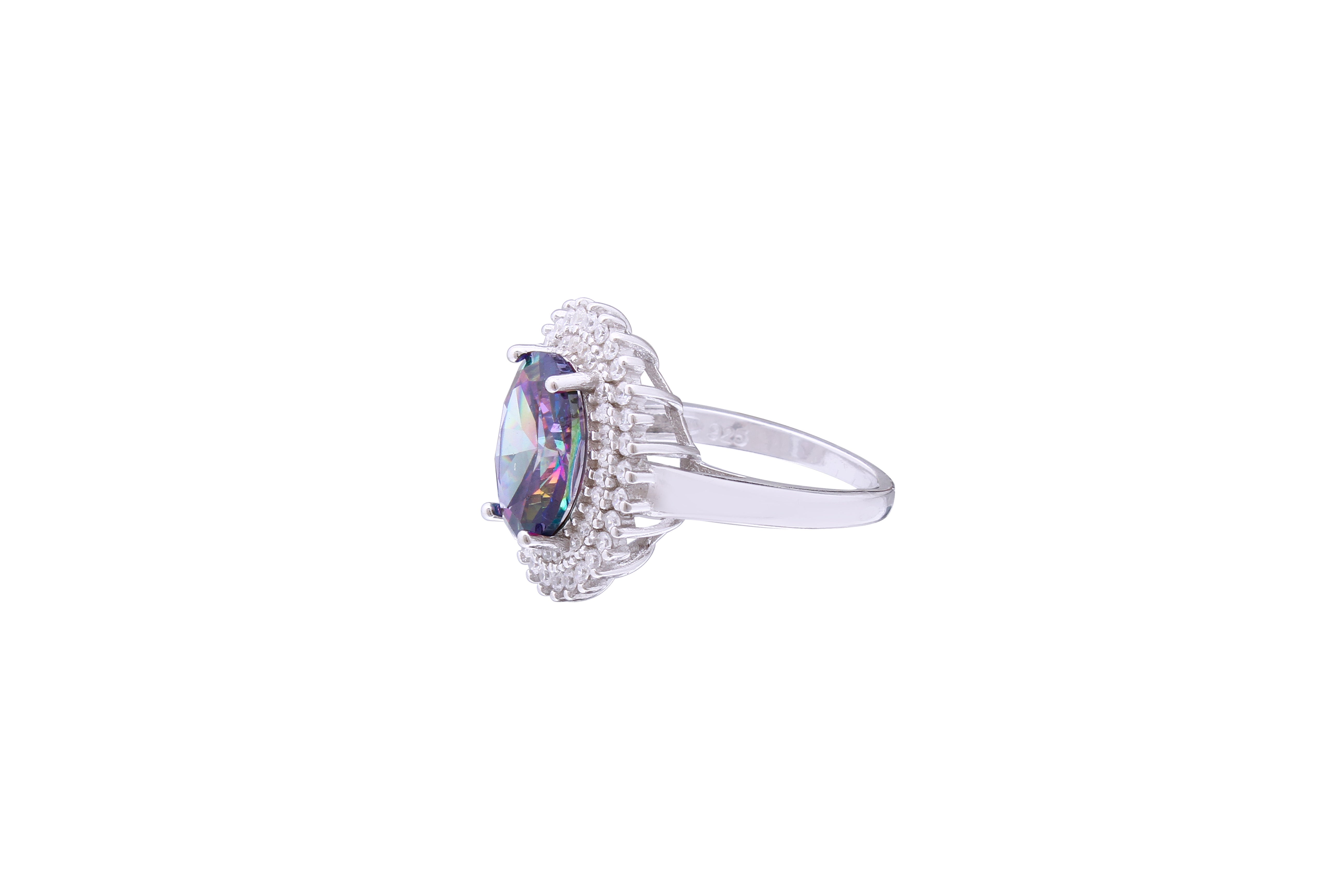 Asfour Crystal Halo Ring With Oval Cut Multi Color Zircon Stone In 925 Sterling Silver RD0070-APW-7