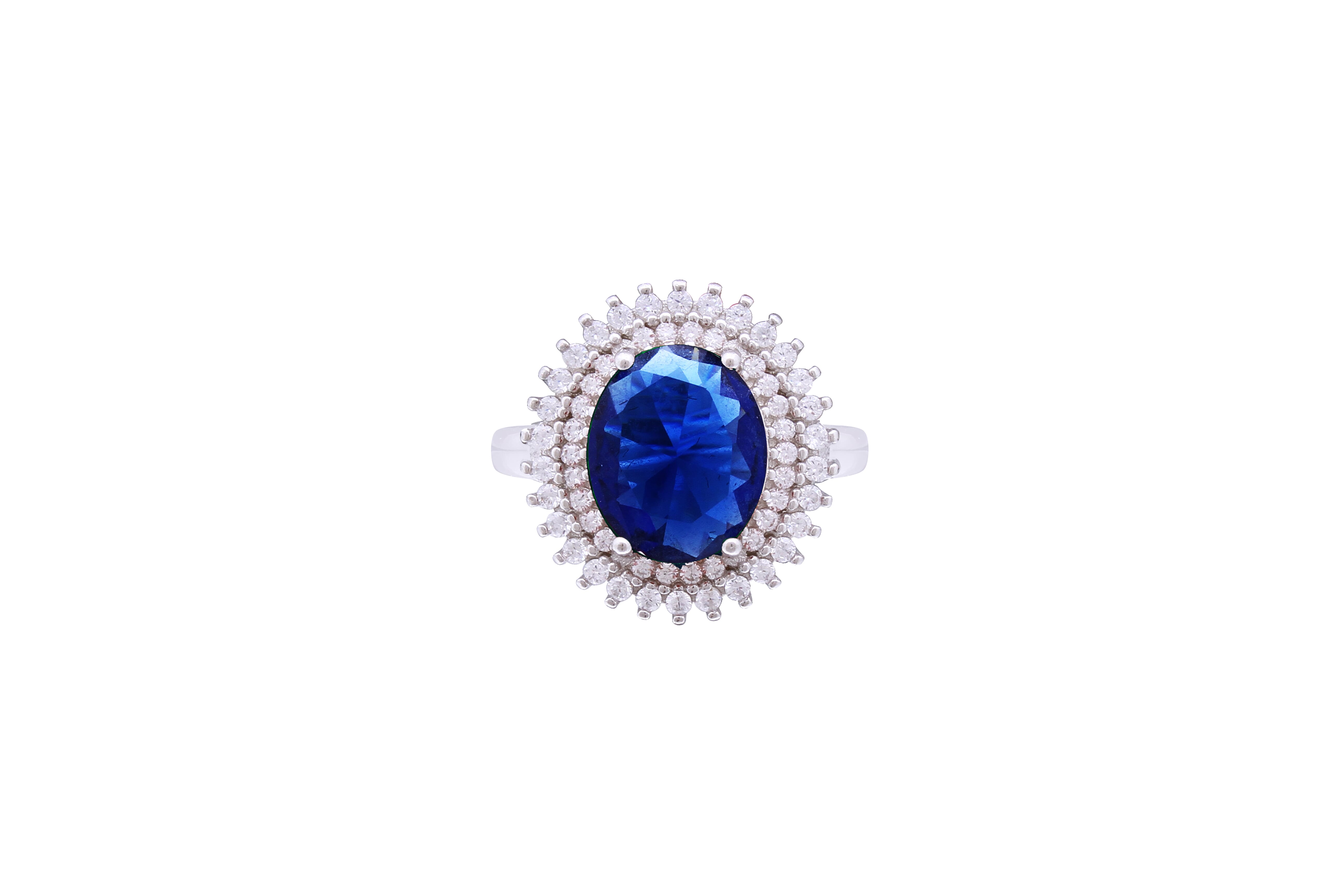 Asfour Crystal Blue Oval Ring Inlaid With Zircon Stone In 925 Sterling Silver RD0070-BW-7