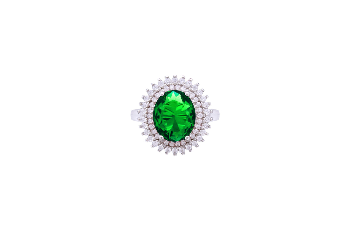 Asfour Crystal Halo Ring With Oval Cut Emerald Zircon Stone In 925 Sterling Silver RD0070-GW-7