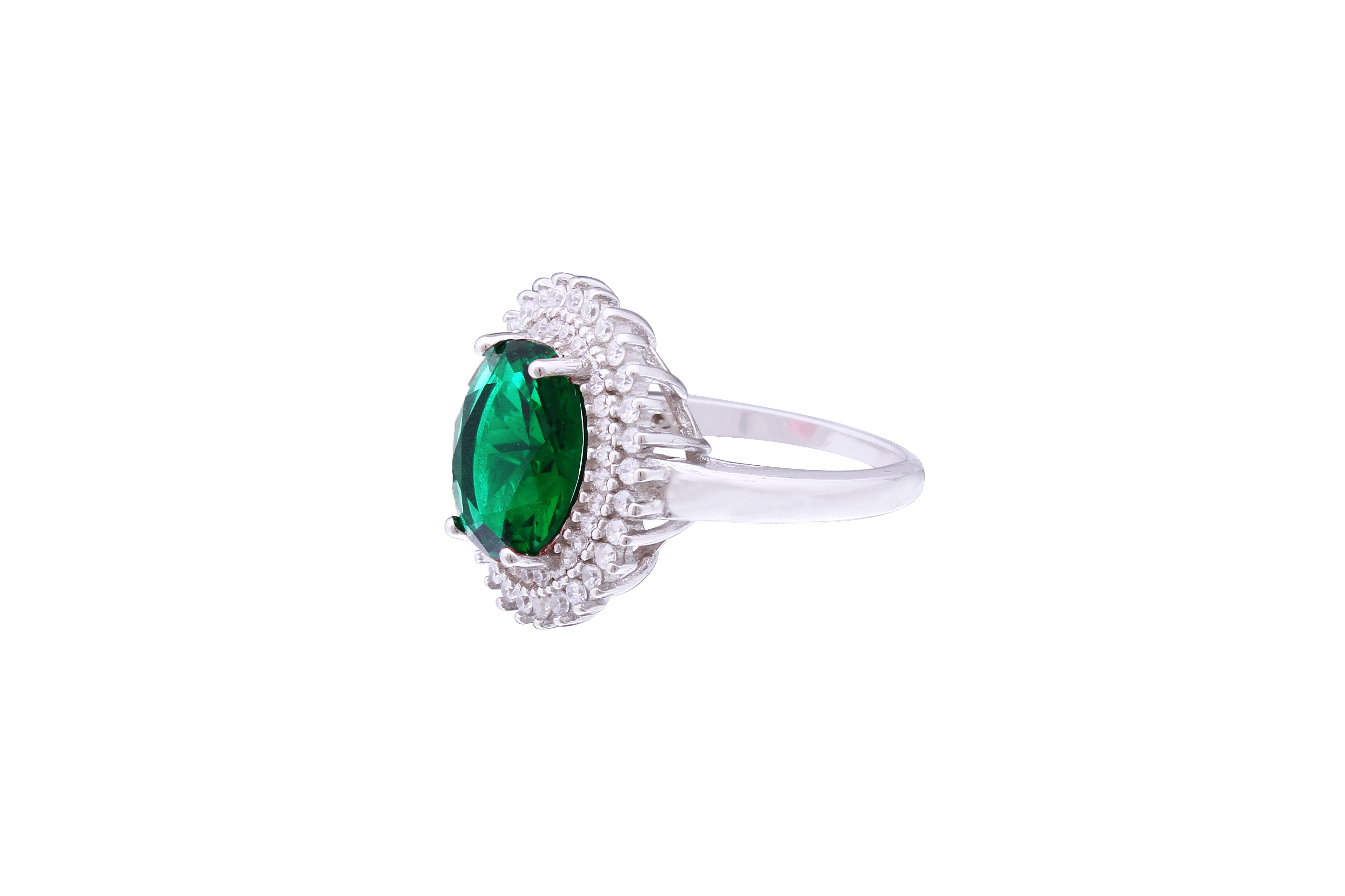 Asfour Crystal Halo Ring With Oval Cut Emerald Zircon Stone In 925 Sterling Silver RD0070-GW-7