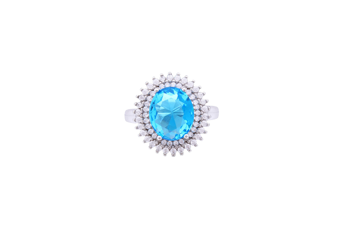 Asfour Crystal Aquamarine Oval Ring Inlaid With Zircon Stone In 925 Sterling Silver RD0070-MW-7