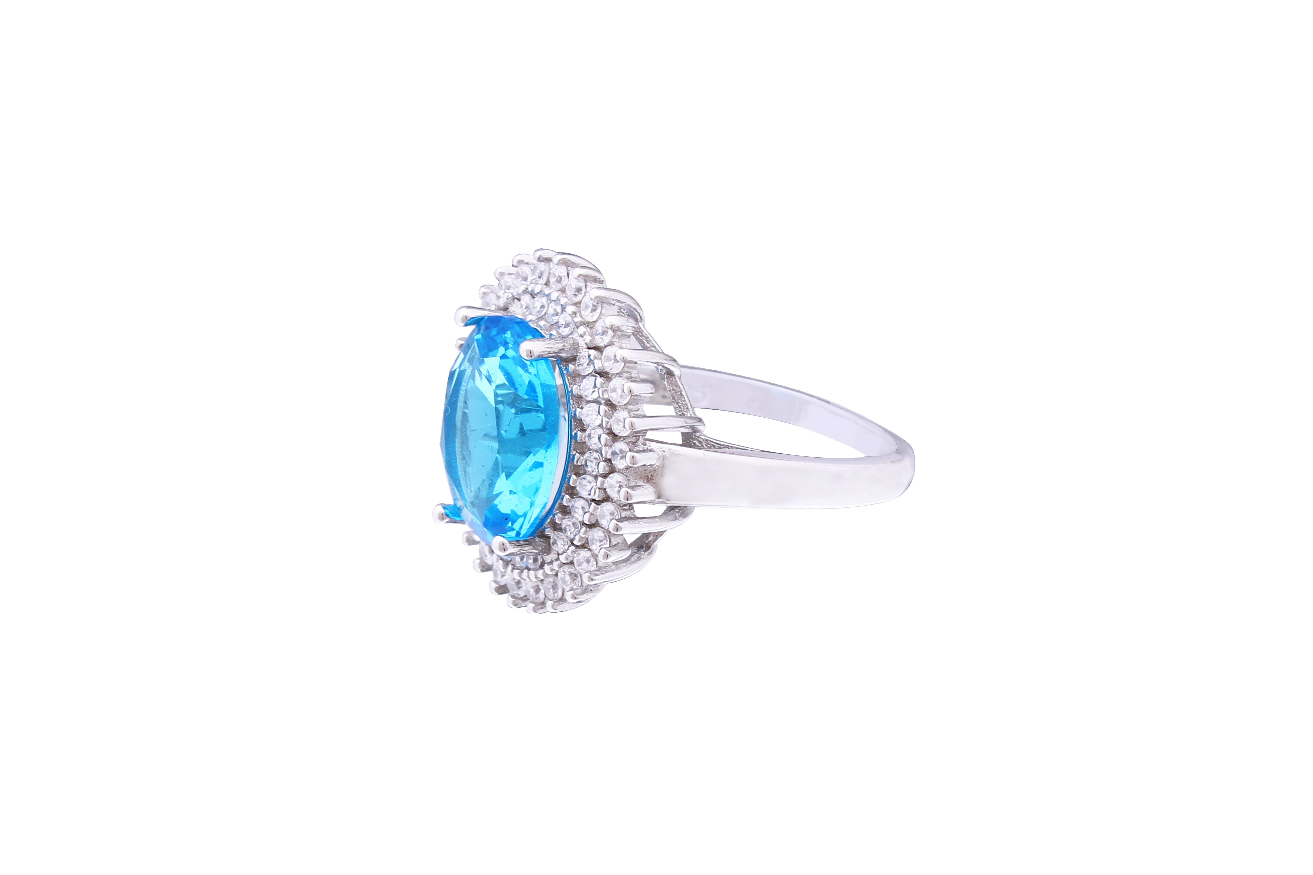 Asfour Crystal Aquamarine Oval Ring Inlaid With Zircon Stone In 925 Sterling Silver RD0070-MW-7