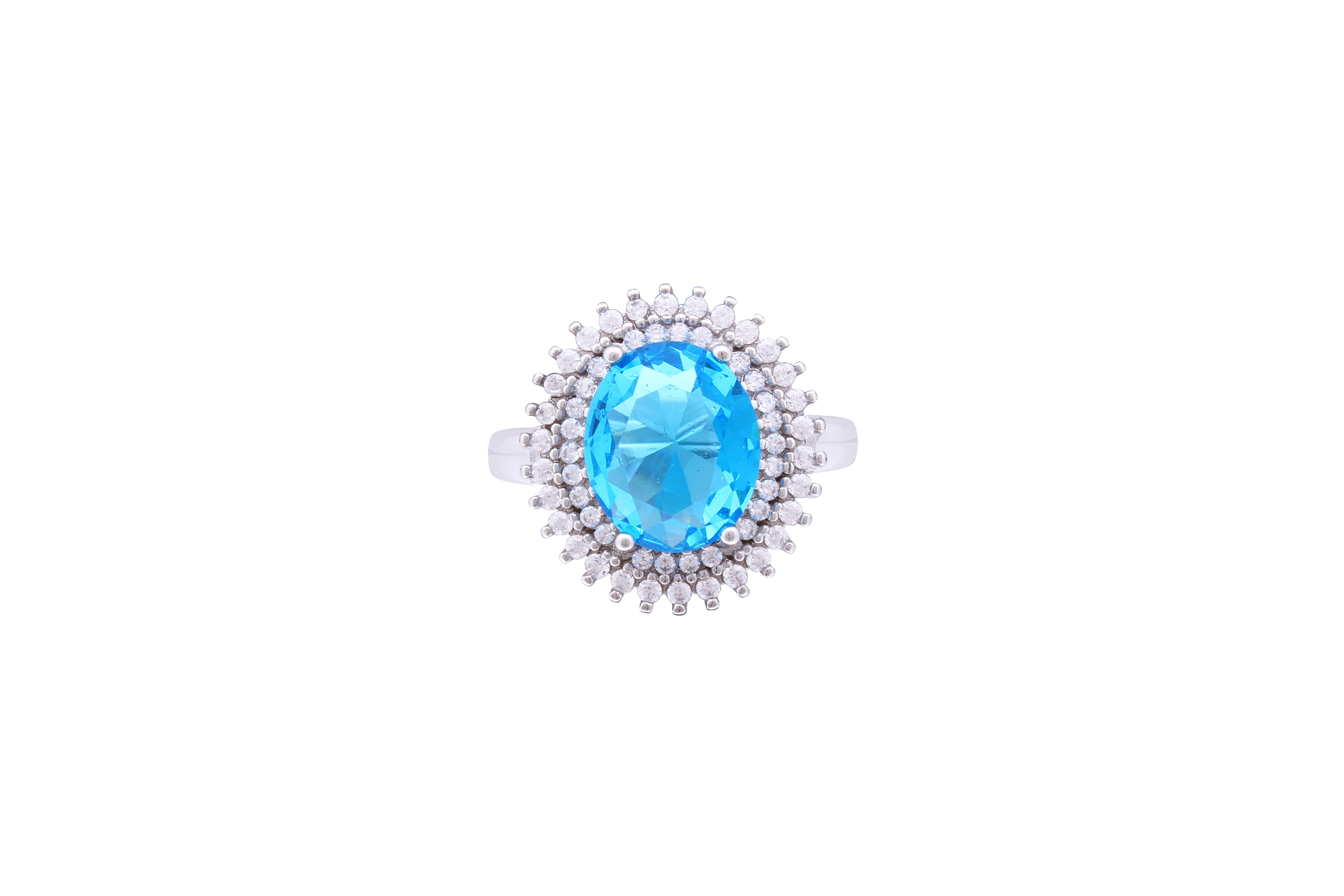 Asfour Crystal Aquamarine Oval Ring Inlaid With Zircon Stone In 925 Sterling Silver RD0070-MW-8