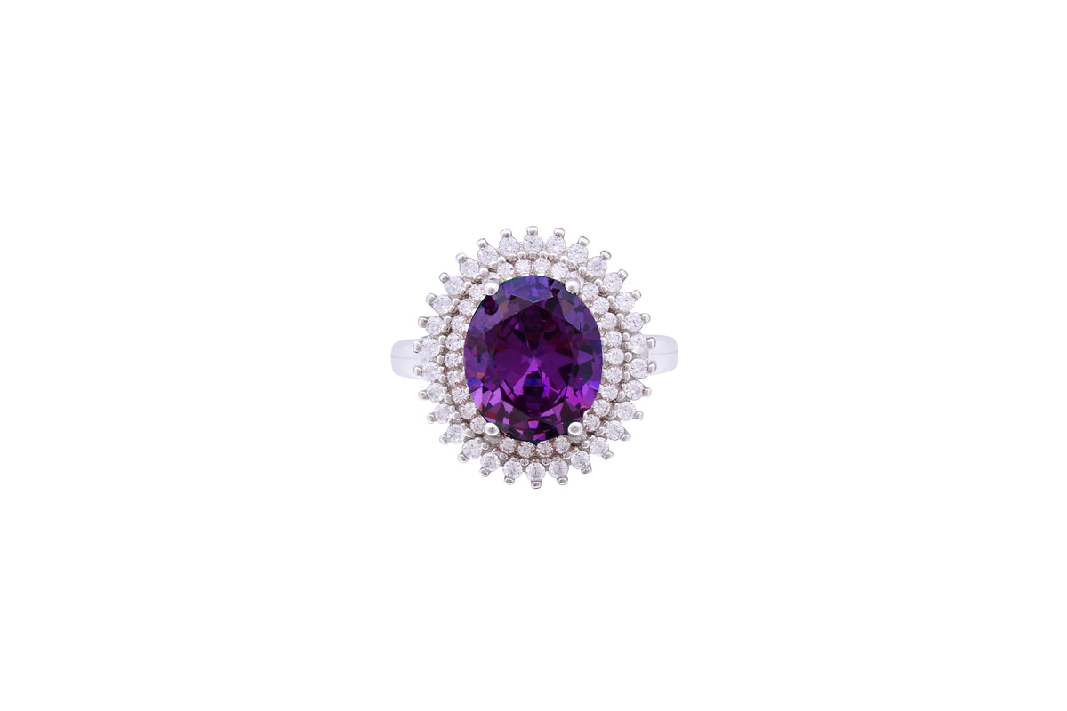 Asfour Crystal Halo Ring With Oval Cut Tenzanite Zircon Stone In 925 Sterling Silver RD0070-NW-7