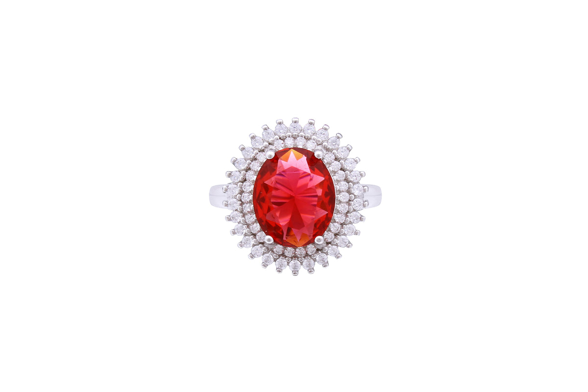 Asfour Crystal Halo Ring With Oval Cut Ruby Zircon Stone In 925 Sterling Silver RD0070-RW-7